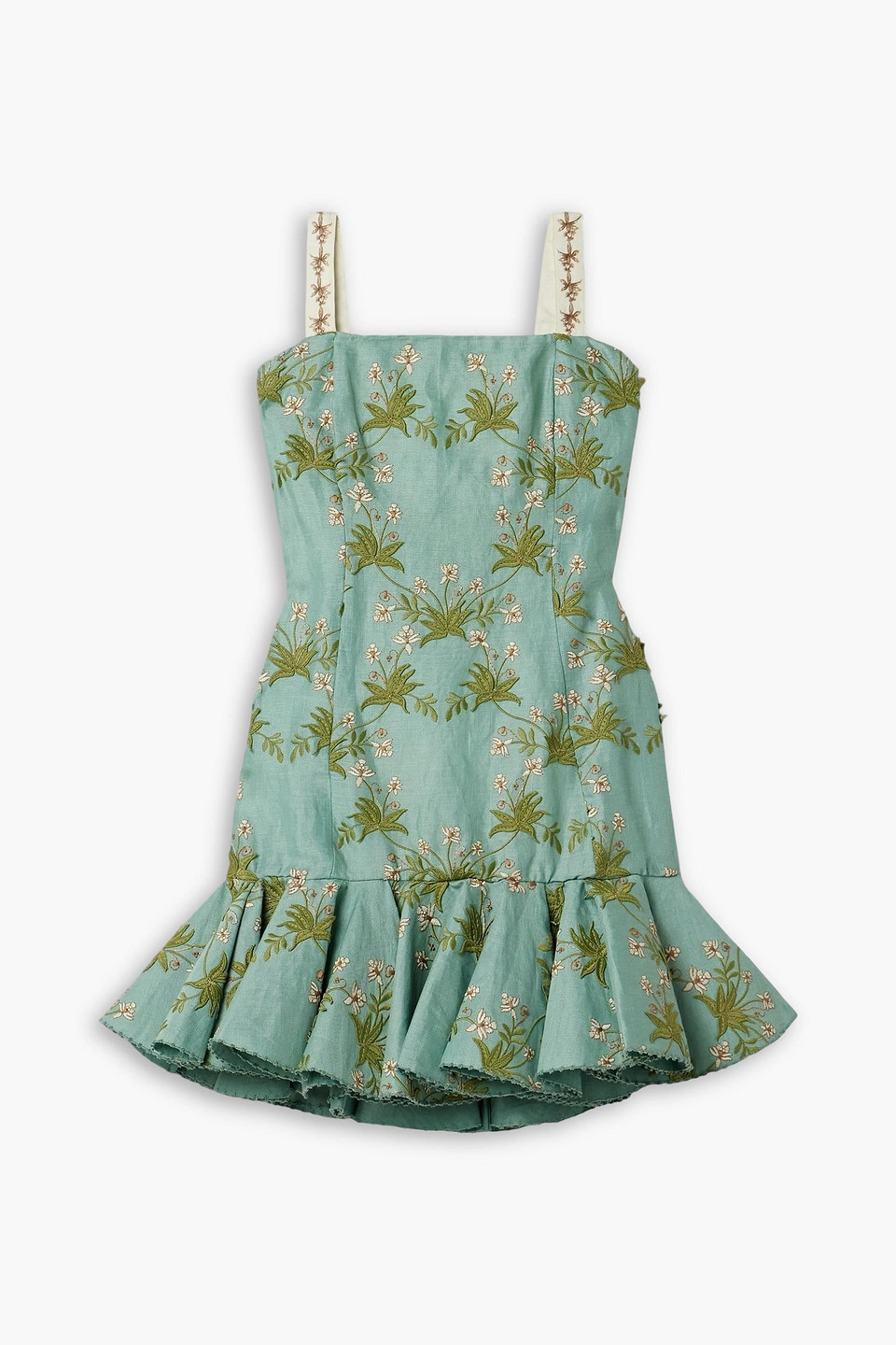 Agua By Agua Bendita Tumbao Orquidea Ruffled Appliquéd Embroidered Linen Mini Dress In Green