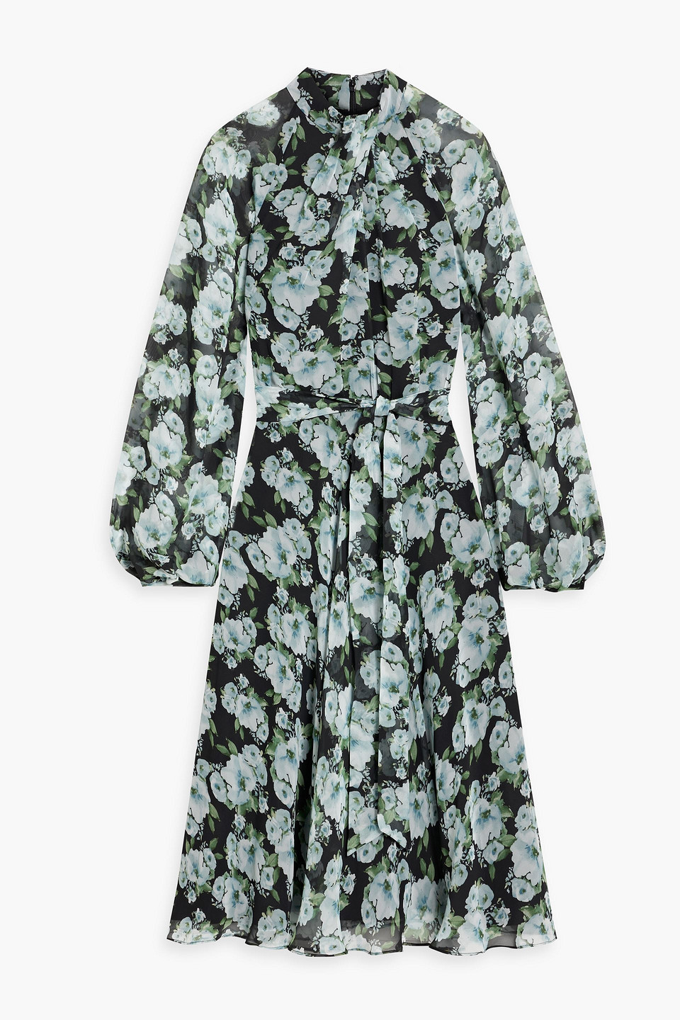 Mikael Aghal Pleated Floral-print Chiffon Midi Dress In Black
