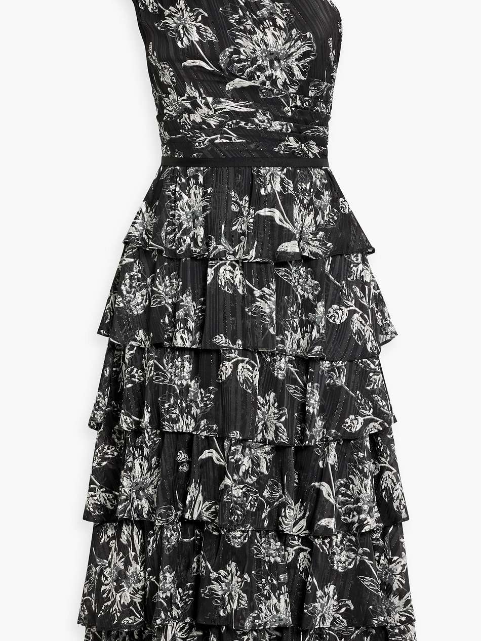 one-shoulder tiered floral-print jacquard midi dress