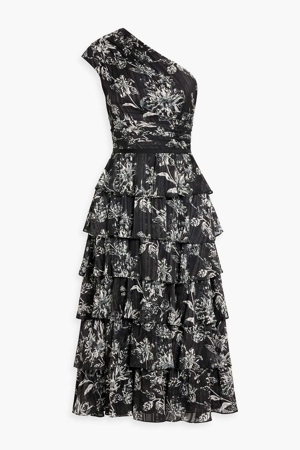 Mikael Aghal One-shoulder Tiered Floral-print Jacquard Midi Dress In Black