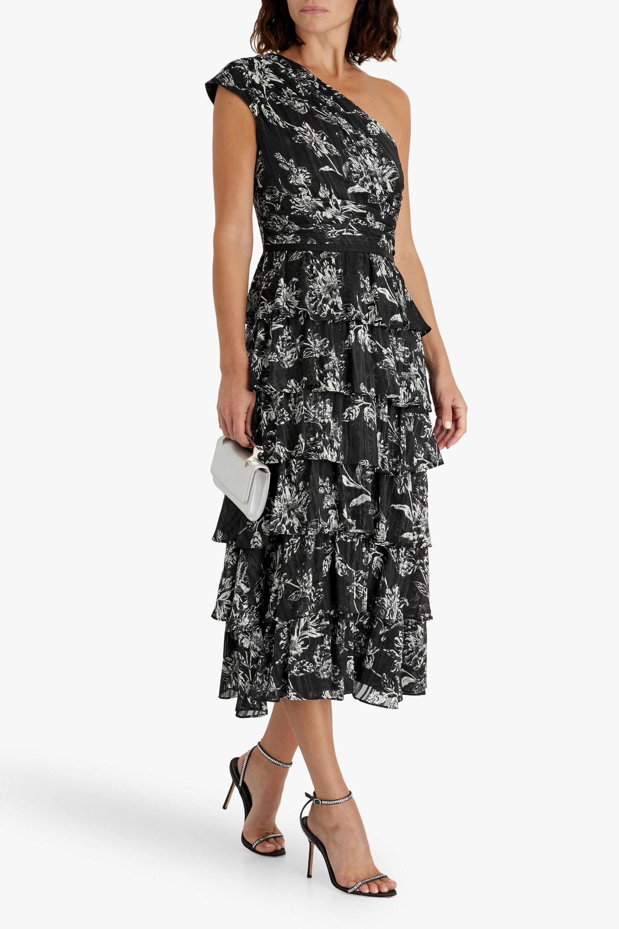 MIKAEL AGHAL One-shoulder tiered floral-print jacquard midi dress
