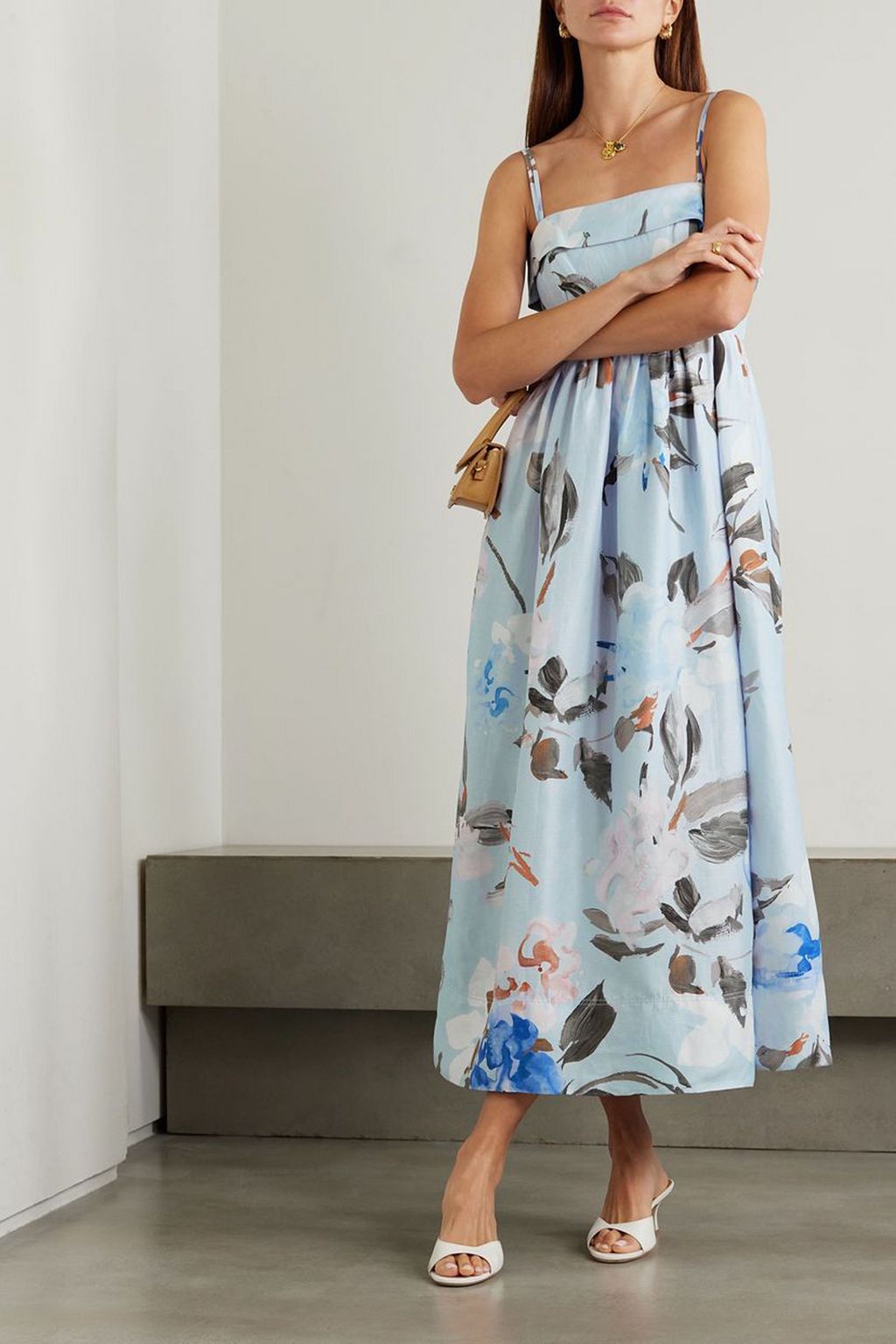 AJE. Untamed gathered floral-print linen-blend midi dress