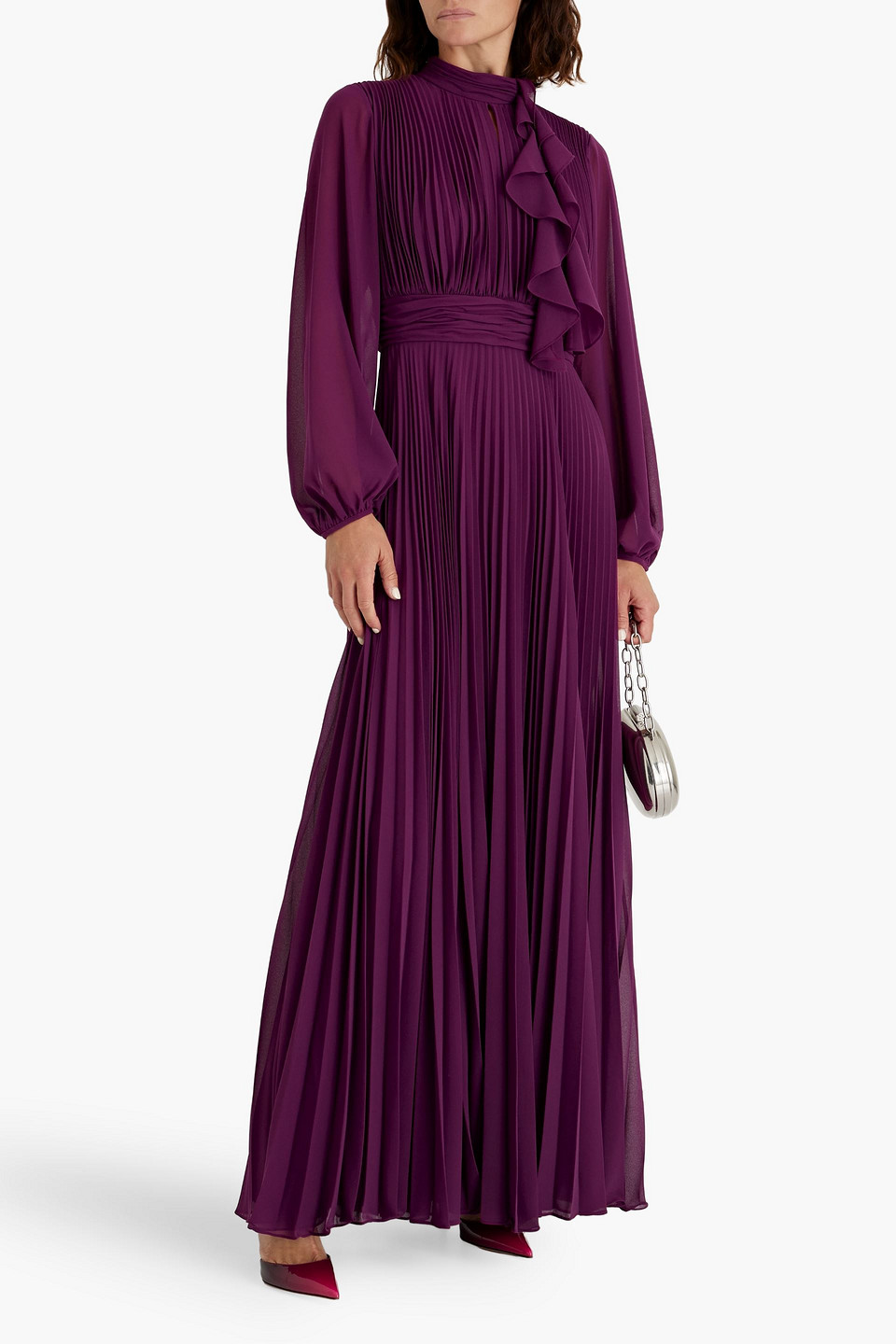 Mikael Aghal Ruffled Plissé-chiffon Maxi Dress In Plum