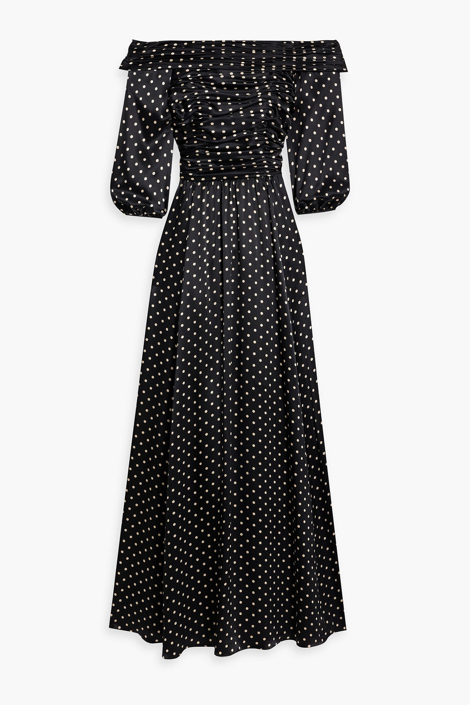 Mikael Aghal Off-the-shoulder Polka-dot Silk-satin Maxi Dress In Black