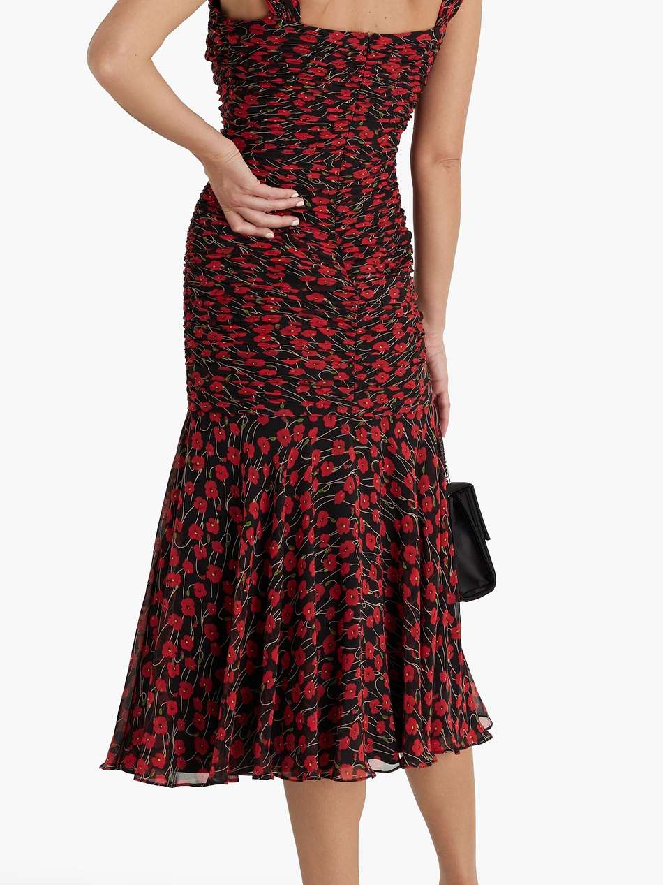 ruched floral-print chiffon midi dress