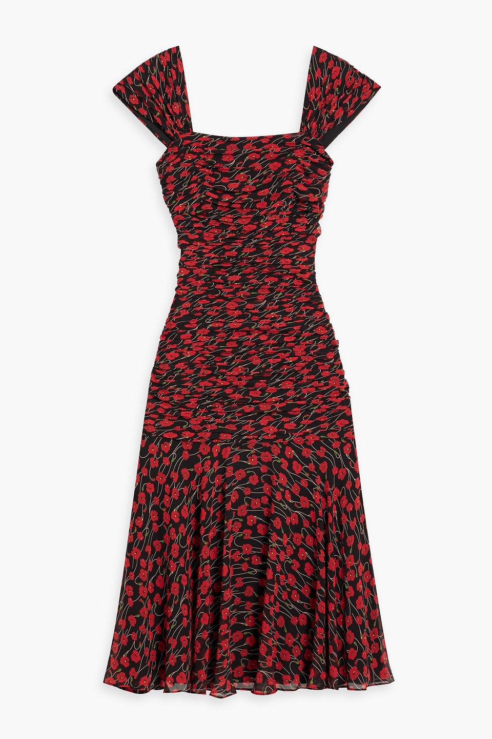 Ruched floral-print chiffon midi dress
