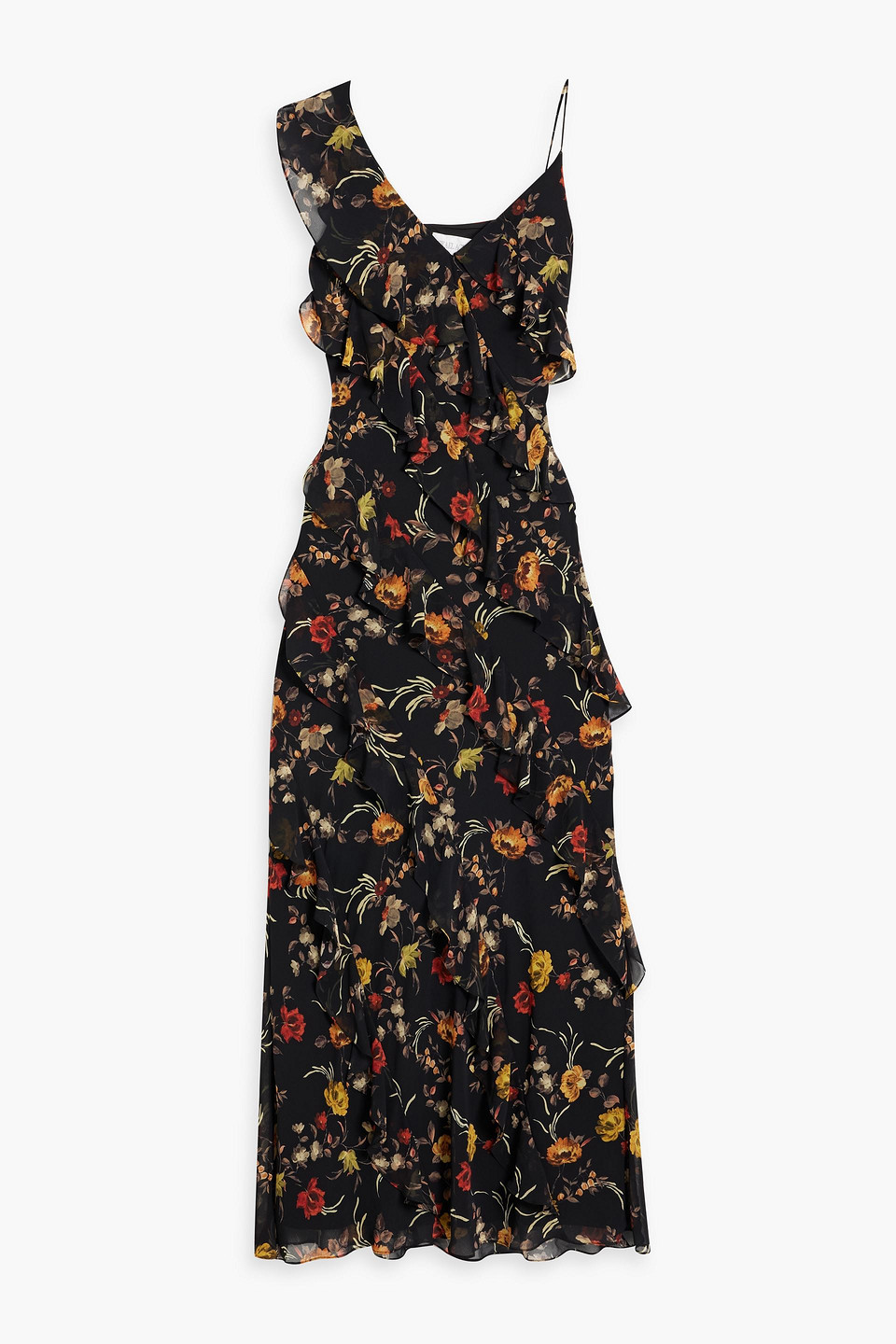 Mikael Aghal Ruffled Floral-print Chiffon Maxi Dress In Black