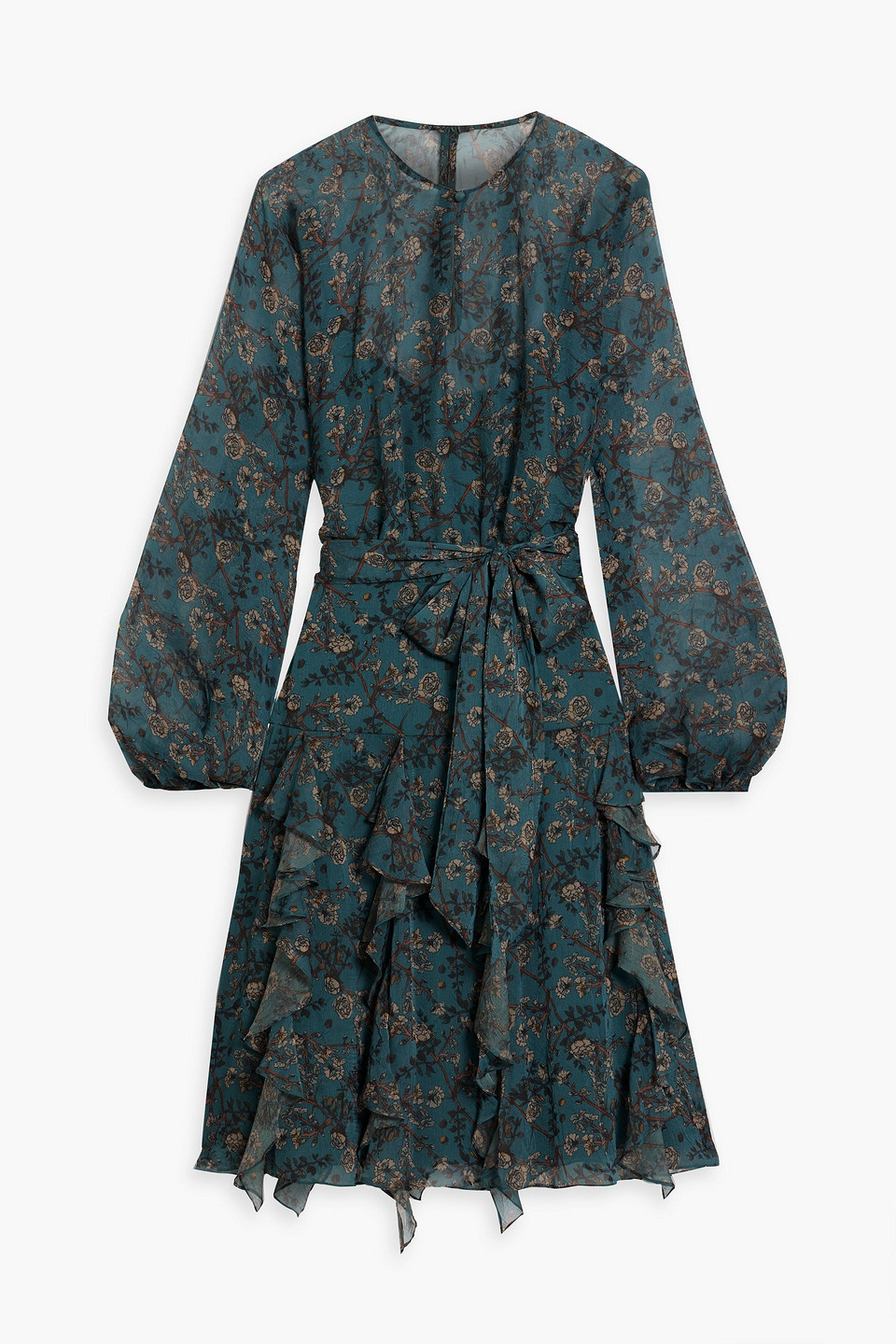 Mikael Aghal Ruffled Floral-print Chiffon Dress In Grey Green