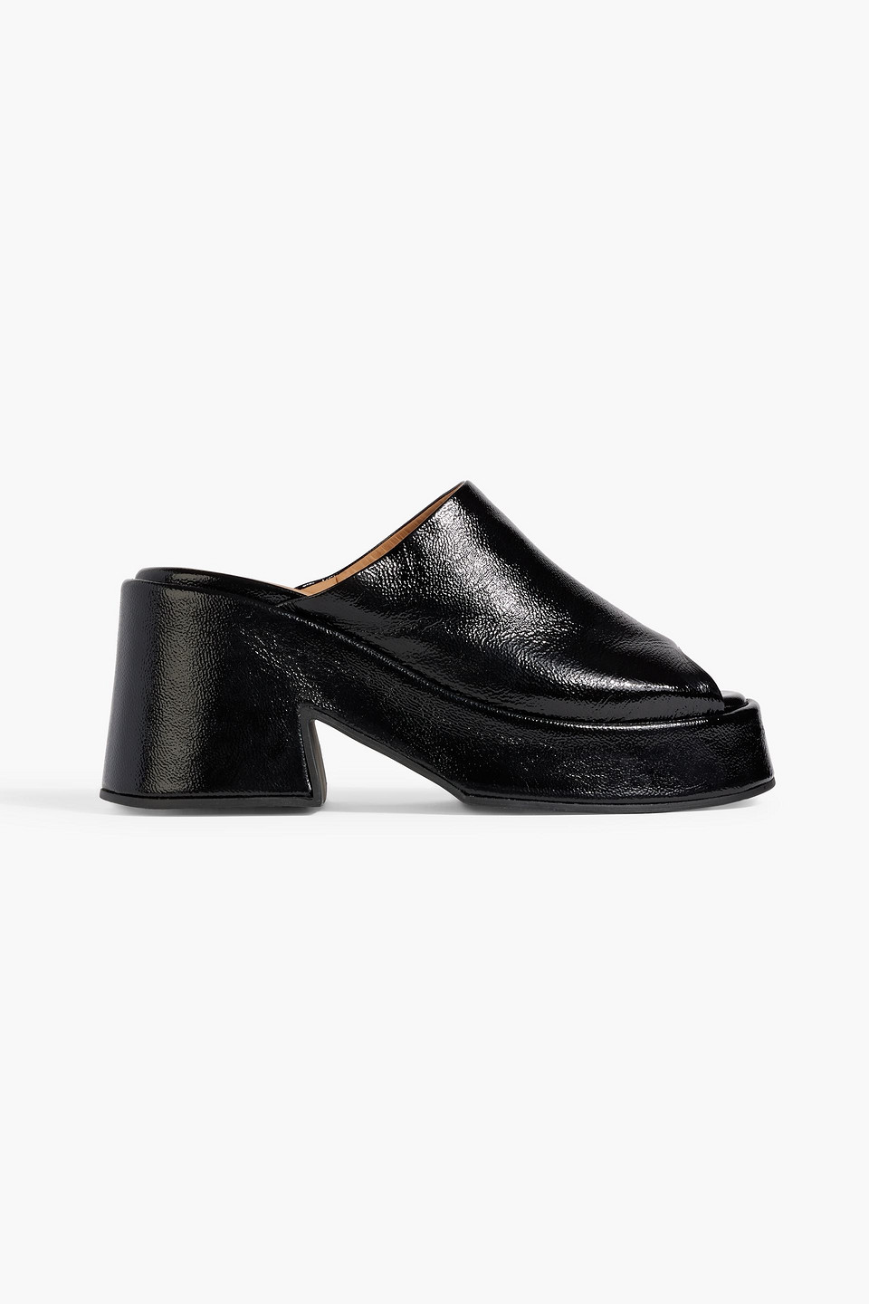 Ganni Retro Crinkled Patent-leather Platform Mules In Black