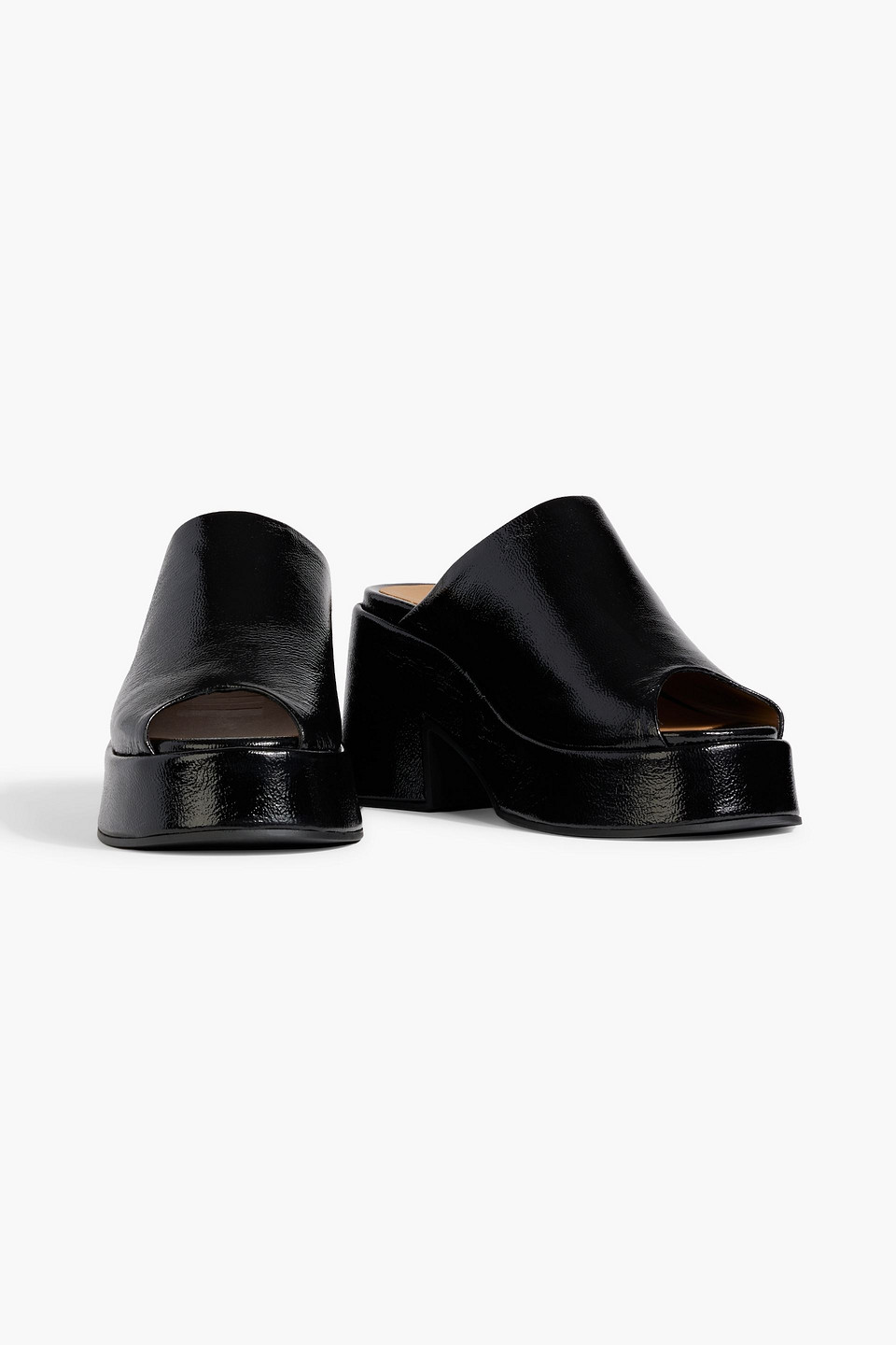 Ganni Retro Crinkled Patent-leather Platform Mules In Black