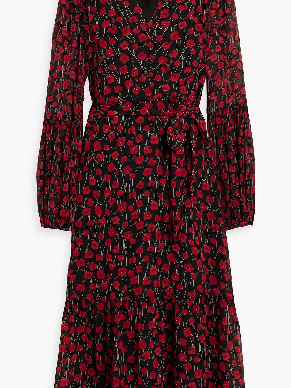 belted floral-print chiffon midi dress