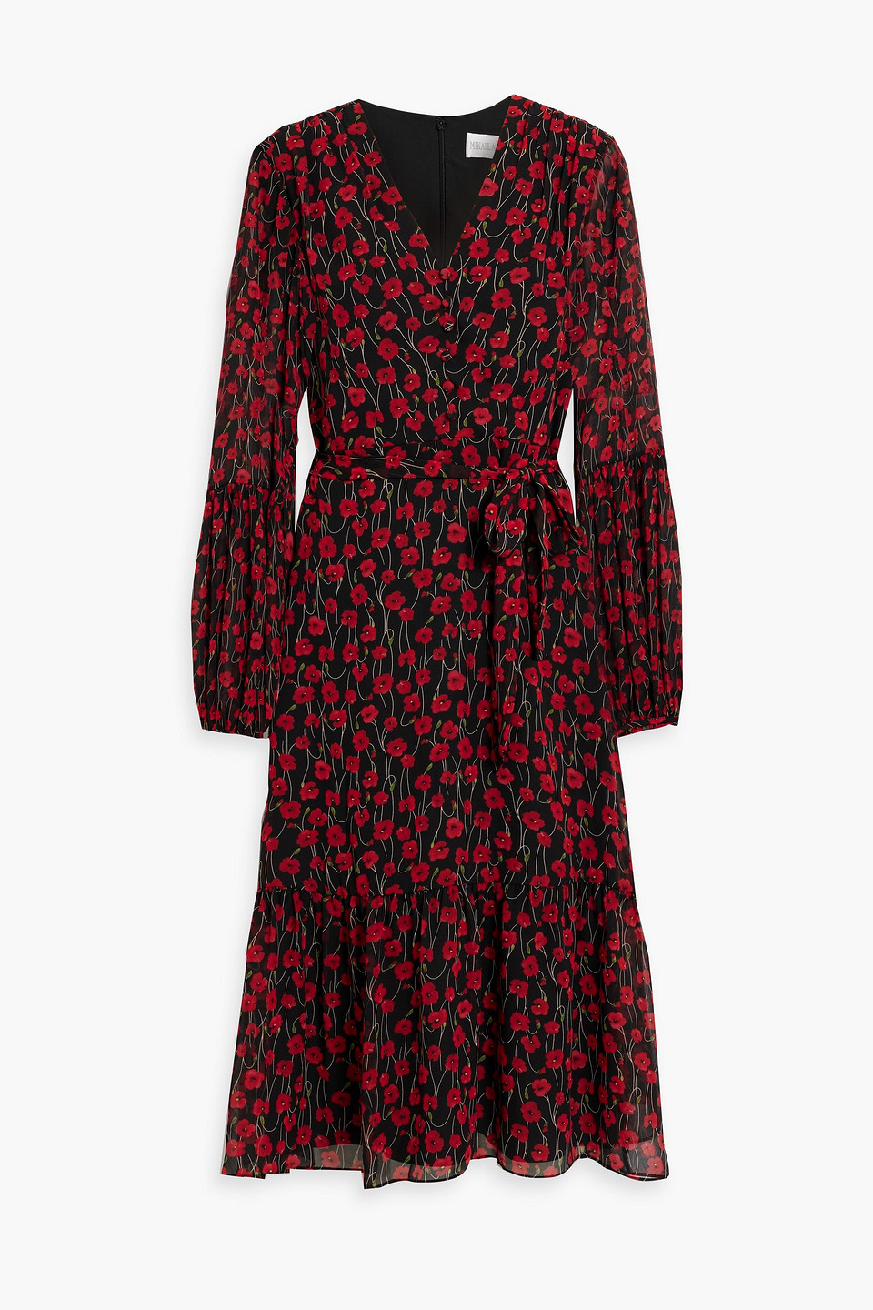 Mikael Aghal Belted Floral-print Chiffon Dress In Red