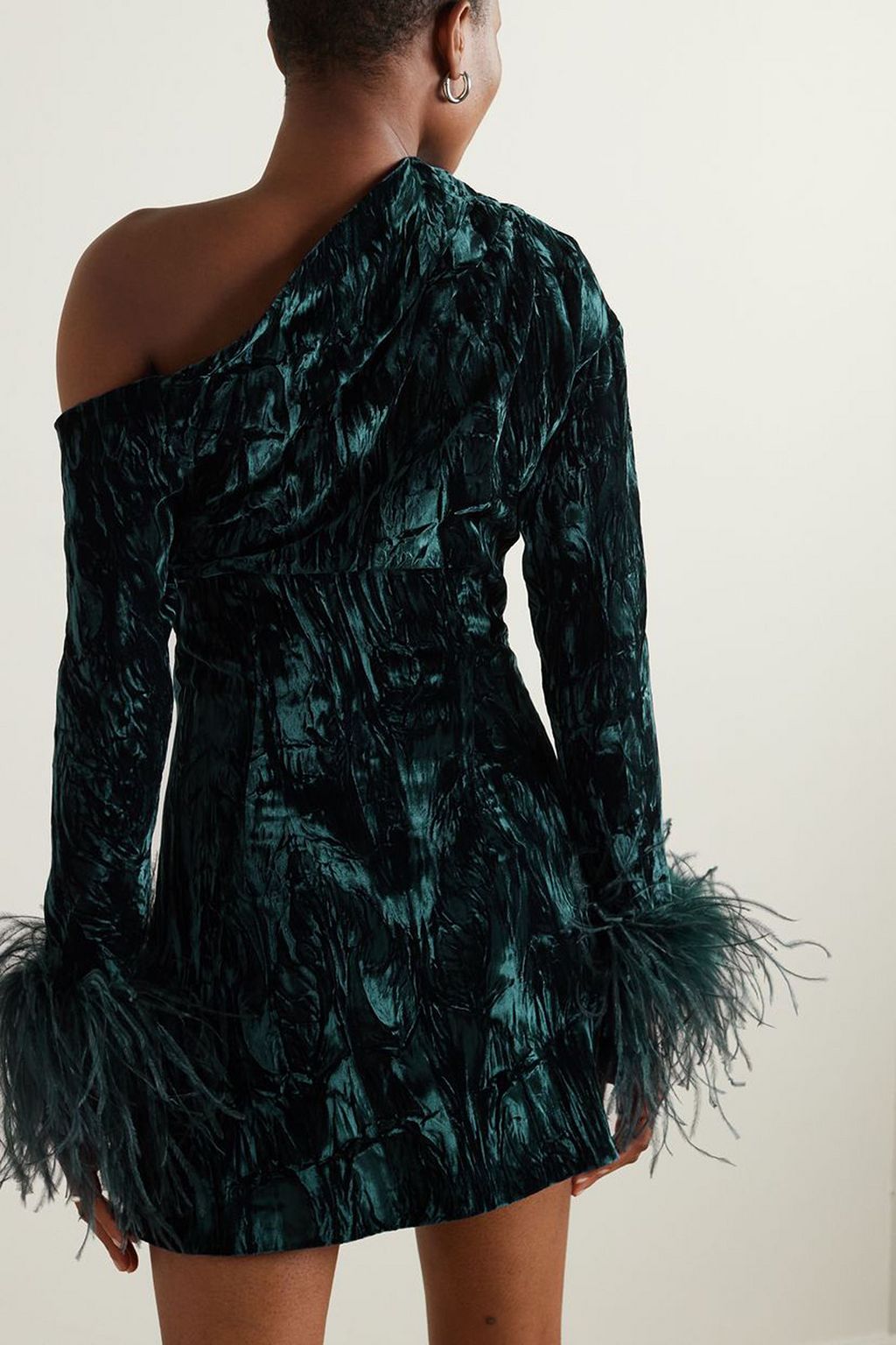 16ARLINGTON Adelaide one-shoulder feather-trimmed crushed-velvet mini dress