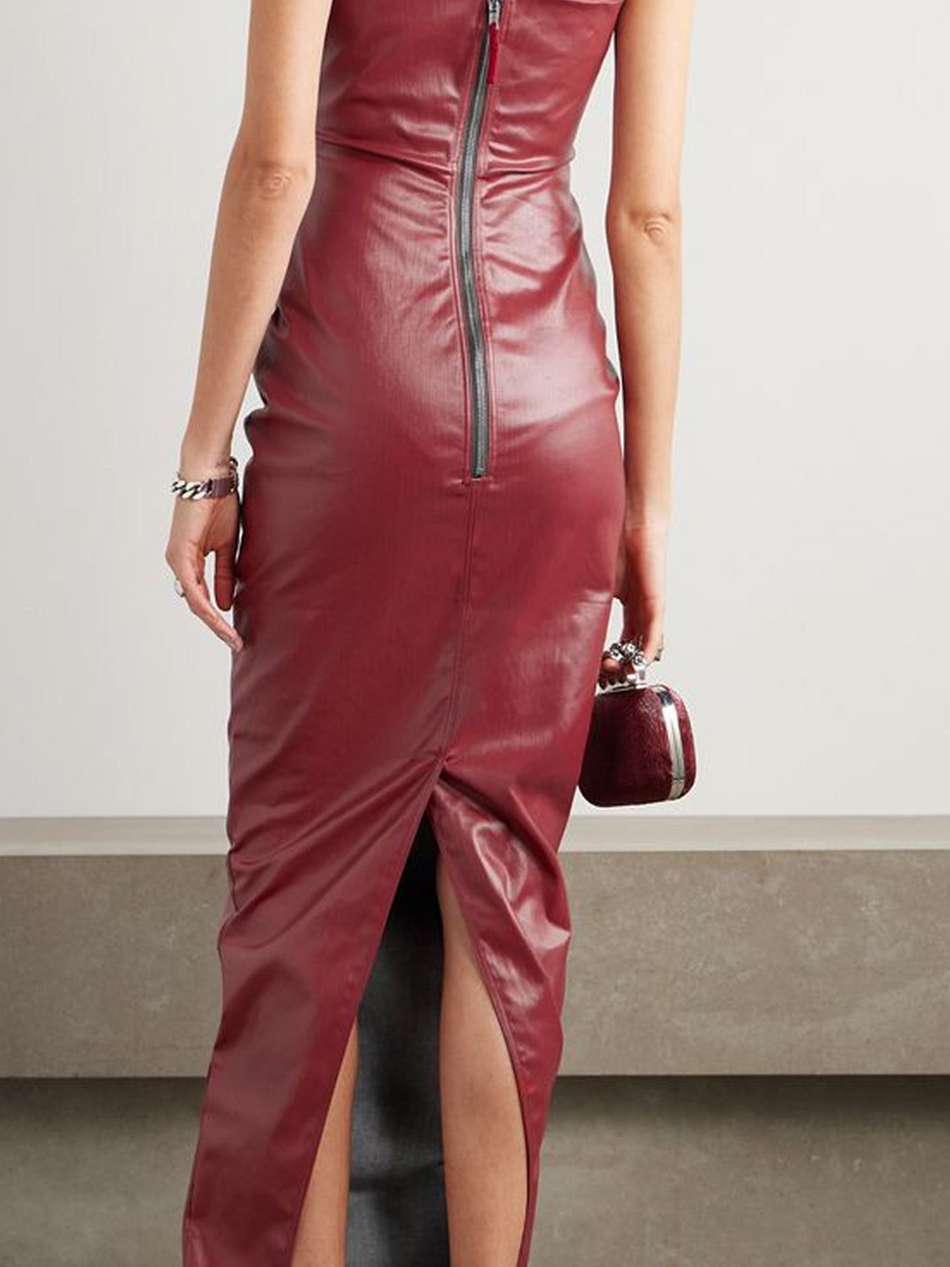 prong strapless coated-denim maxi dress