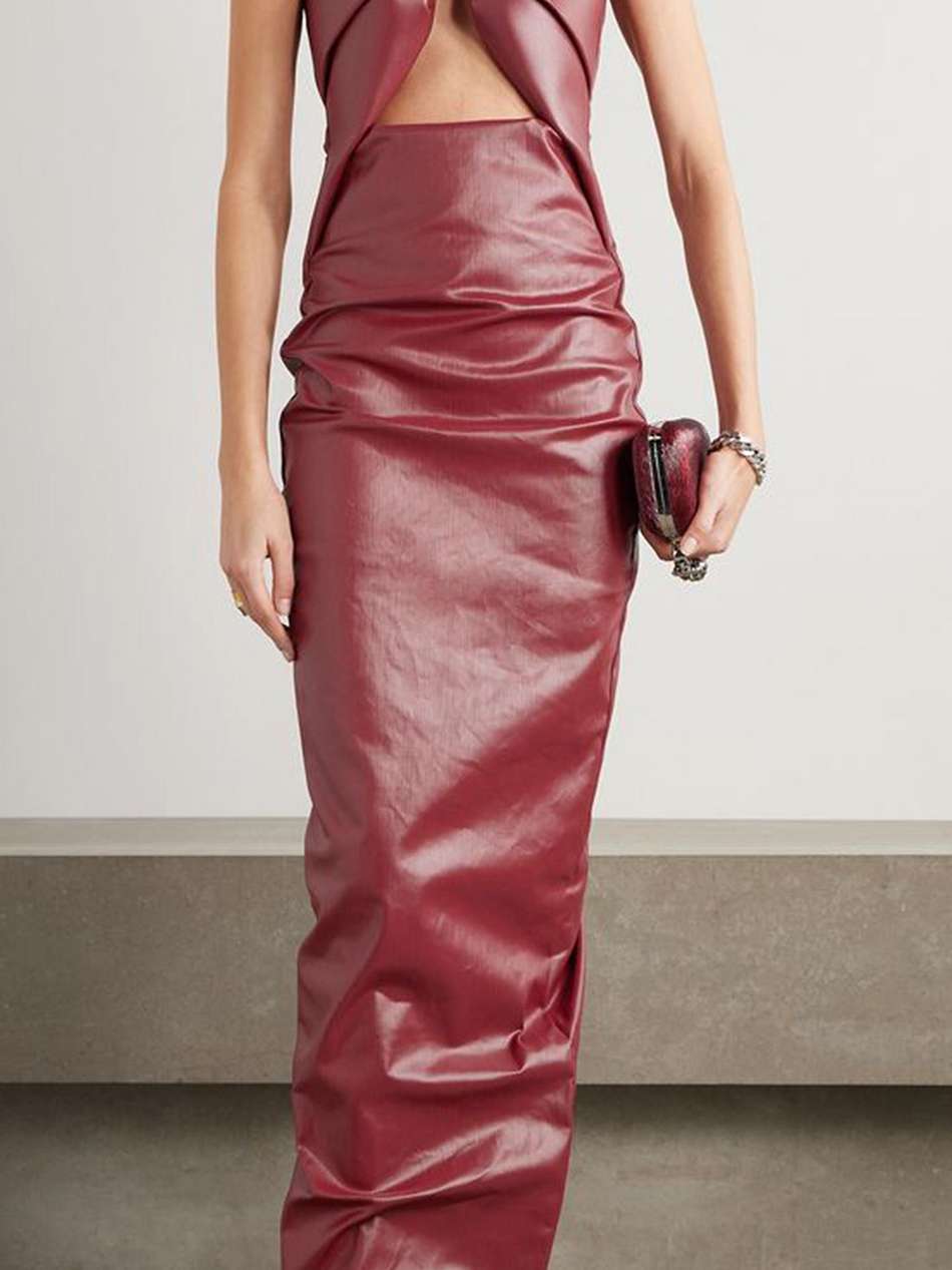 prong strapless coated-denim maxi dress