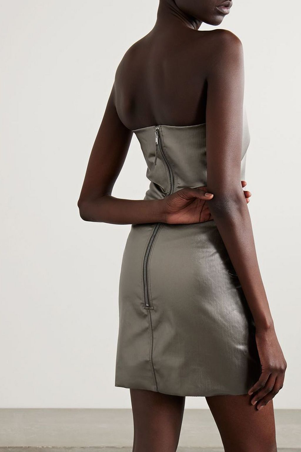 RICK OWENS Cutout metallic coated stretch-denim mini dress