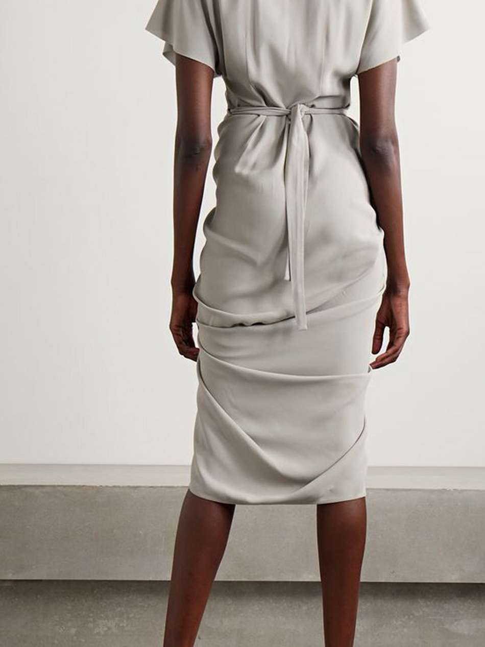 gathered wrap-effect crepe midi dress