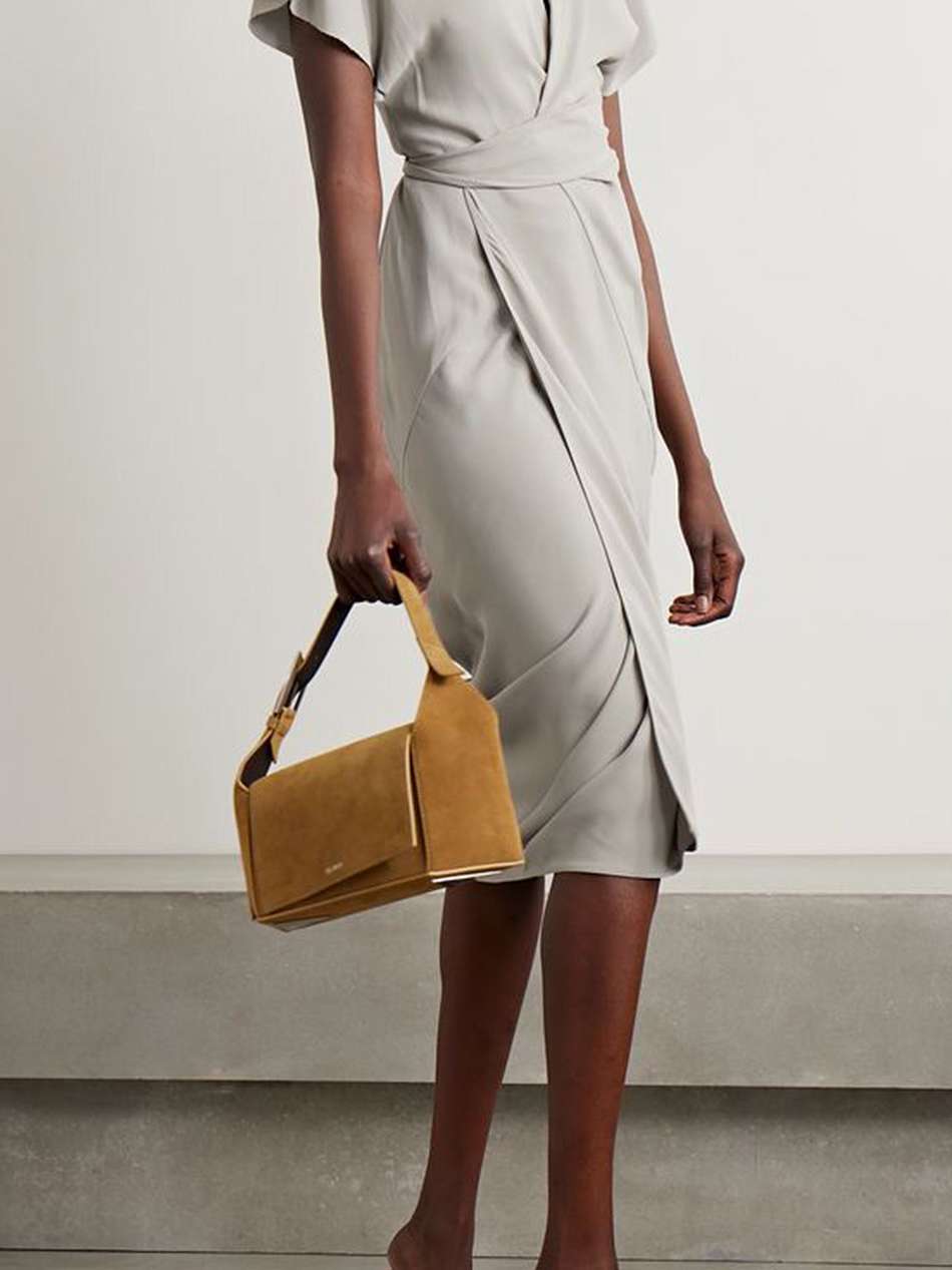 gathered wrap-effect crepe midi dress