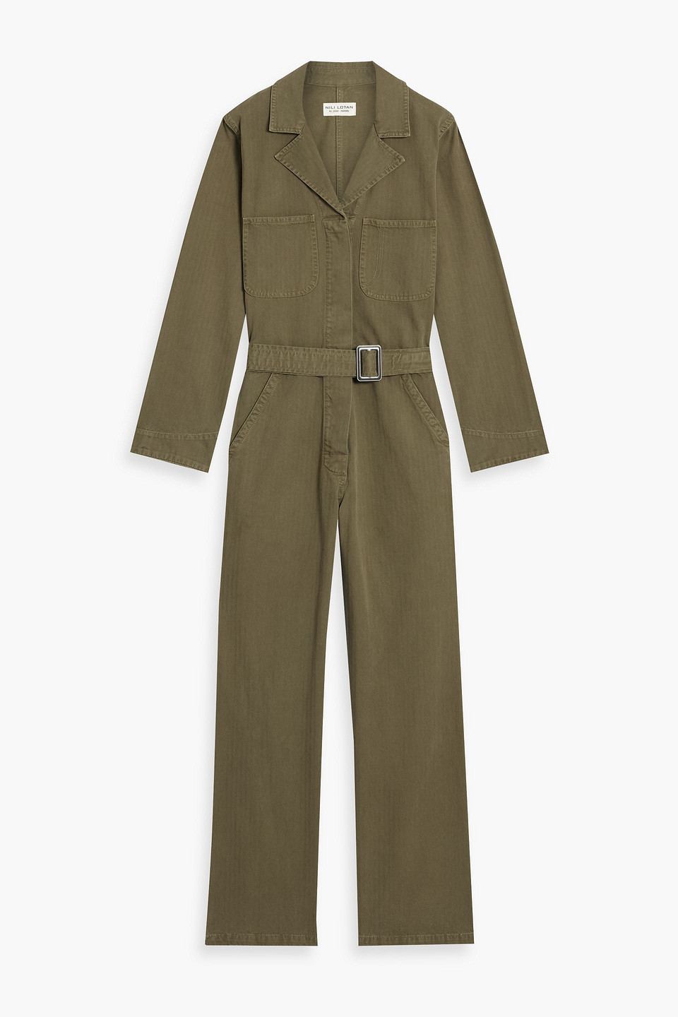 Nili Lotan Marie Belted Herringbone Cotton Jumpsuit In Army Green