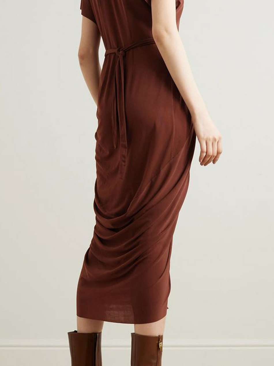asymmetric gathered wrap-effect jersey midi dress