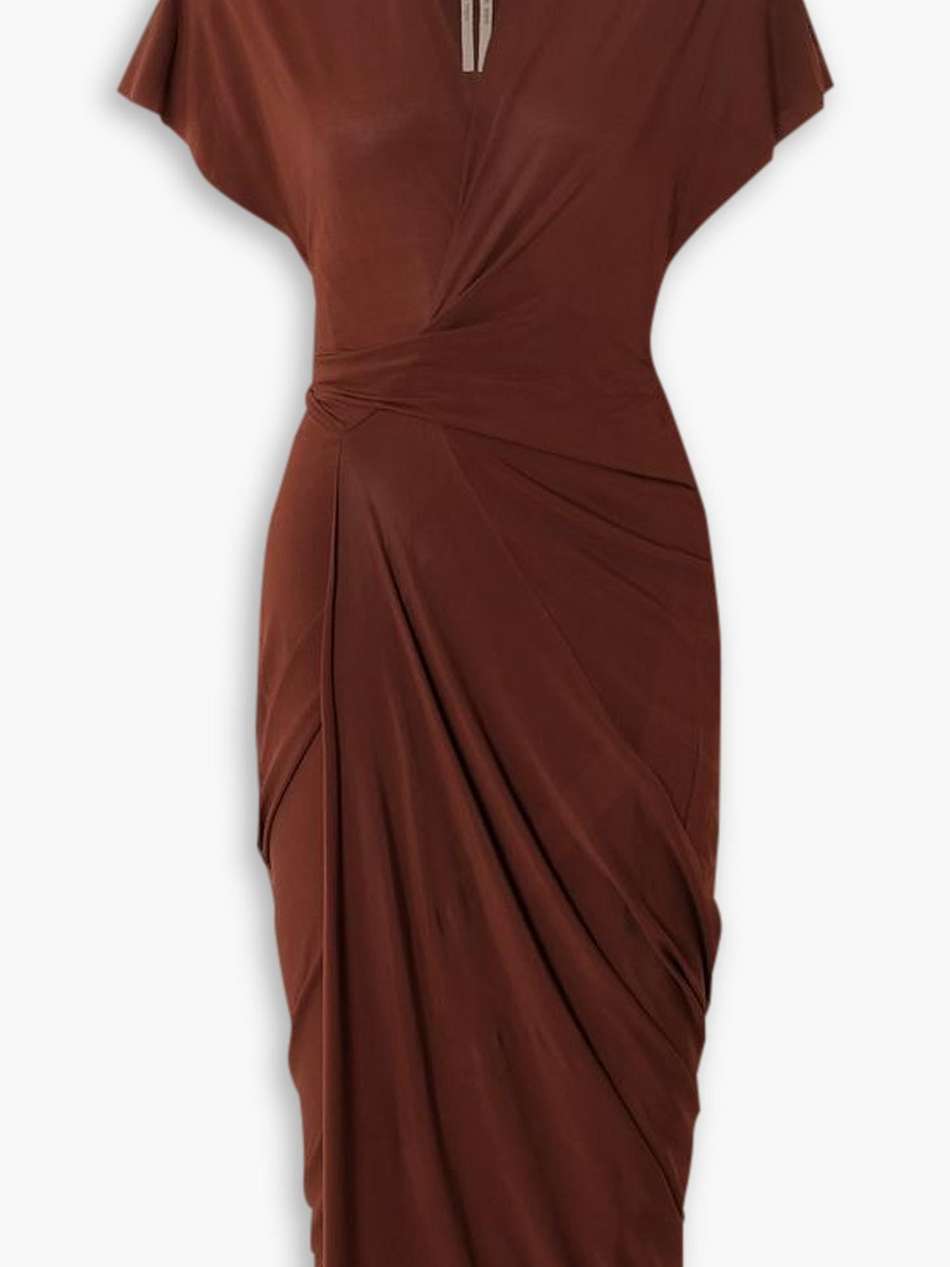 asymmetric gathered wrap-effect jersey midi dress