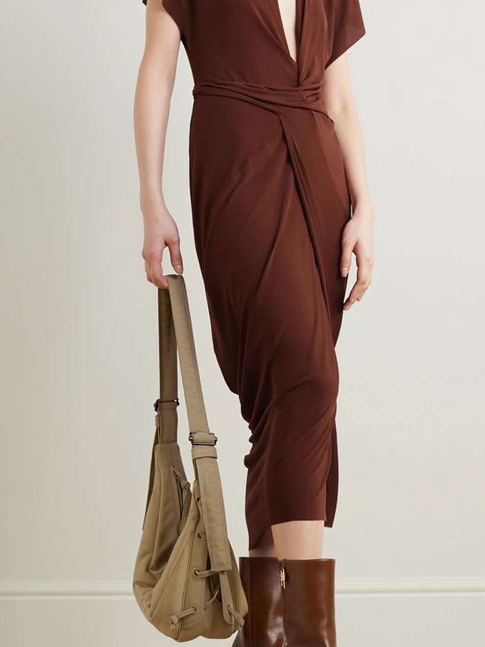 asymmetric gathered wrap-effect jersey midi dress