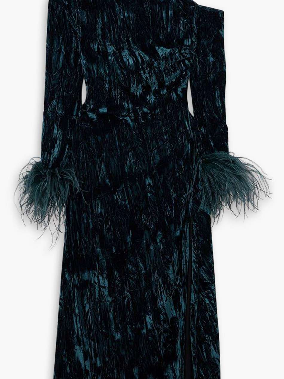 adelaide one-shoulder feather-trimmed crushed-velvet midi dress