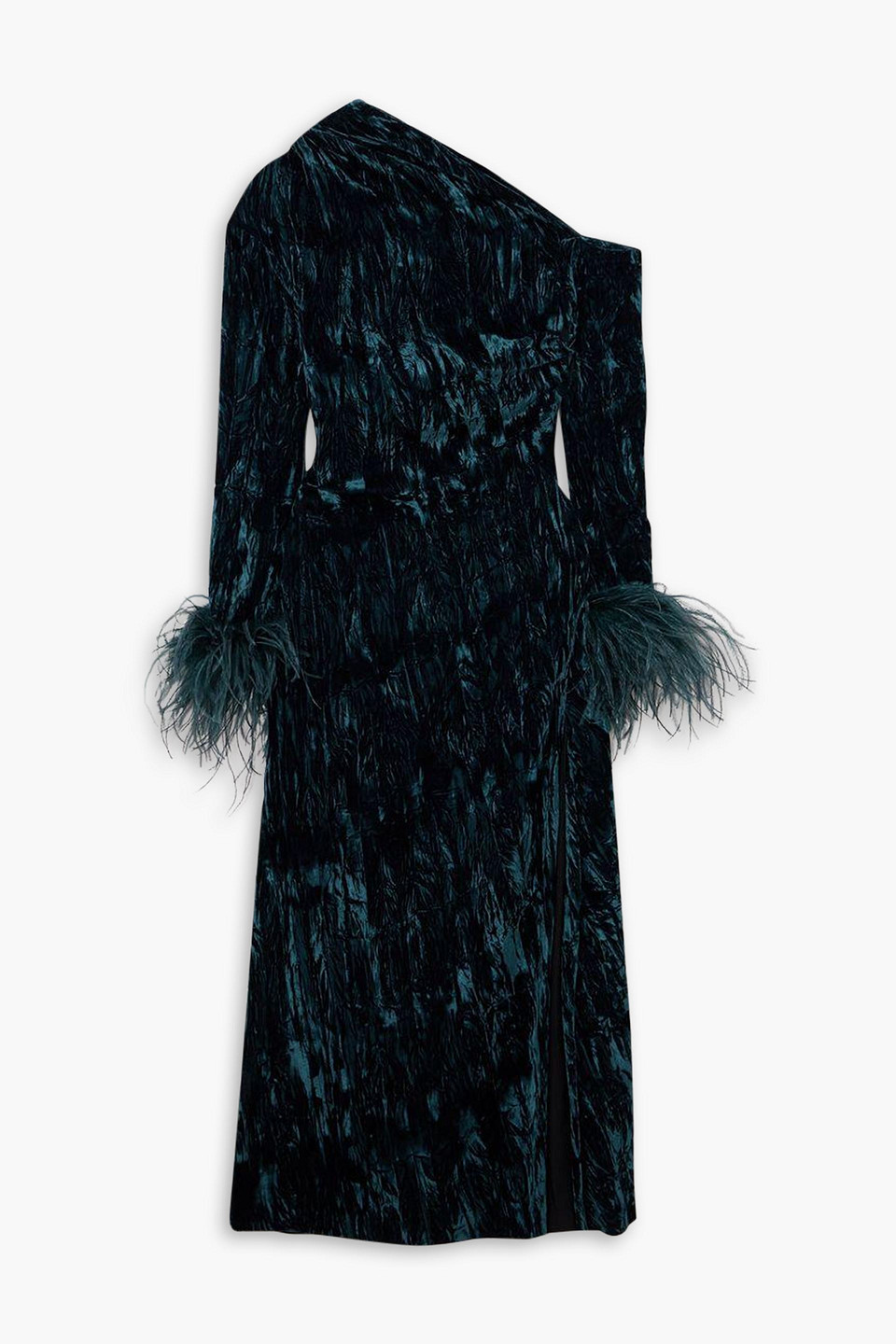 Adelaide one-shoulder feather-trimmed crushed-velvet midi dress