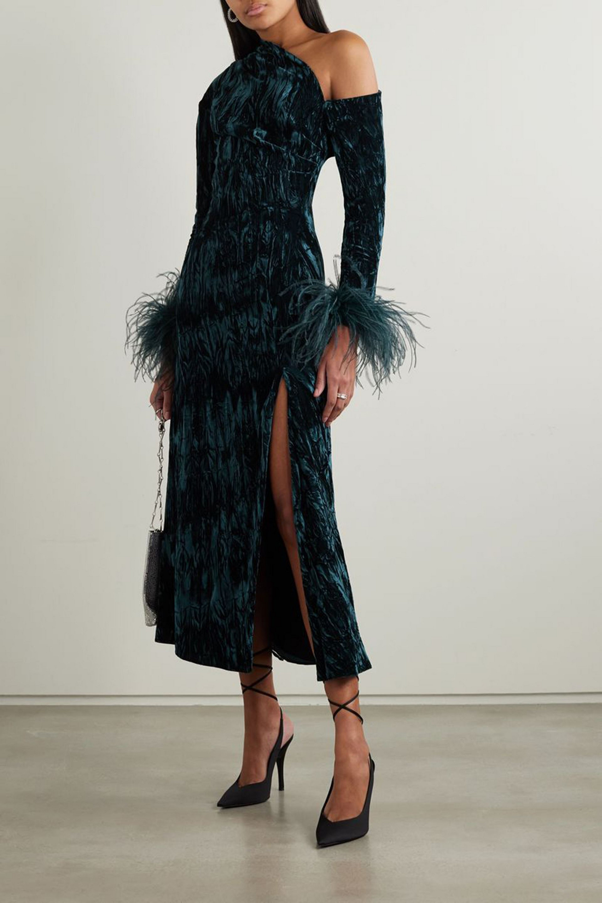 16Arlington Adelaide one-shoulder feather-trimmed crushed-velvet midi dress