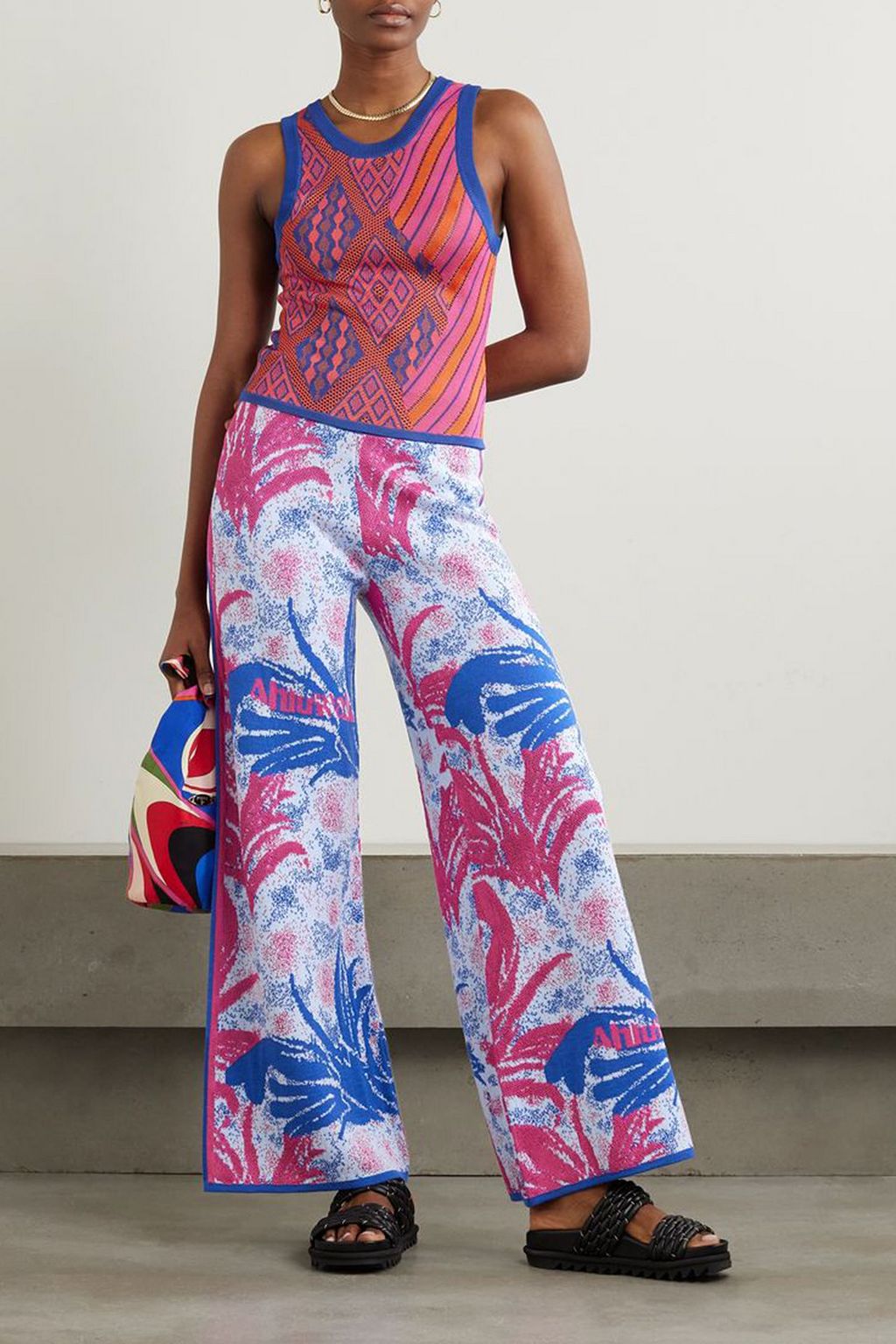 AHLUWALIA Kiara jacquard-knit merino wool wide-leg pants