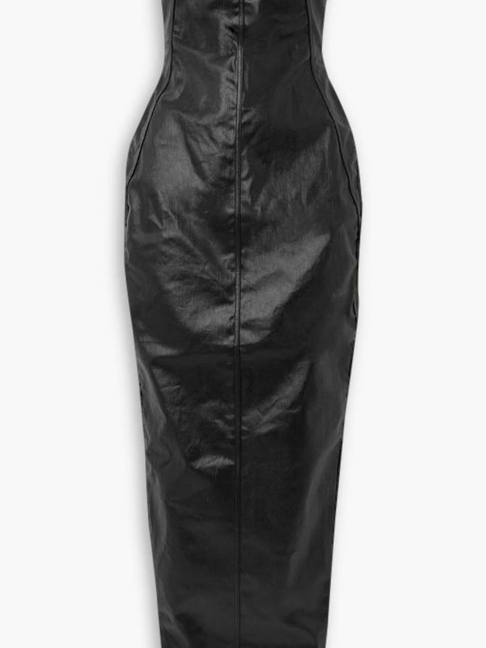 lido strapless paneled coated-denim gown