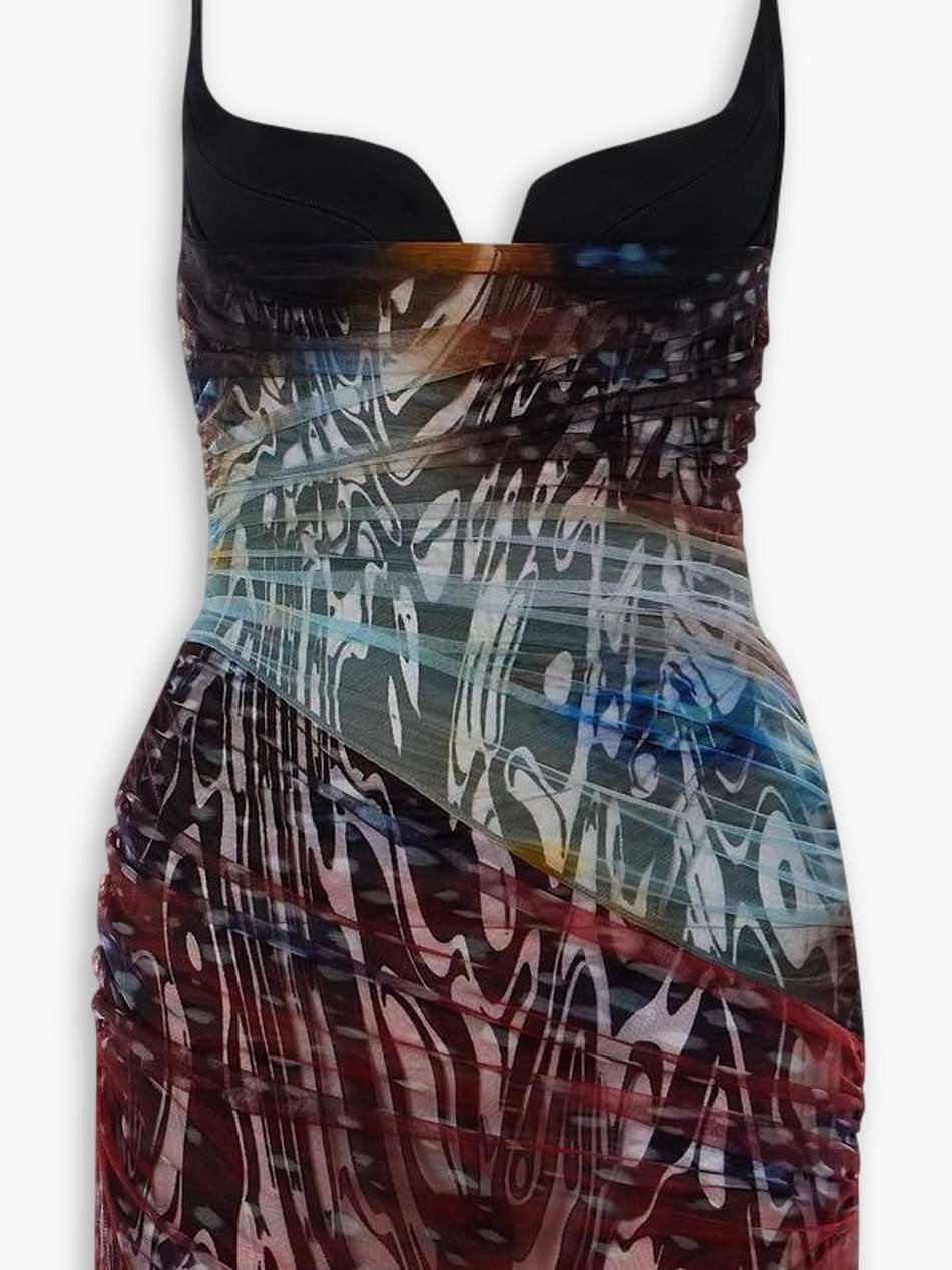 printed draped jersey-trimmed tulle mini dress
