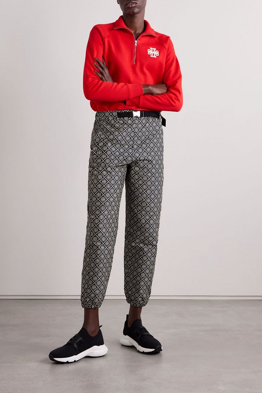 TORY BURCH Belted twill-jacquard tapered track pants