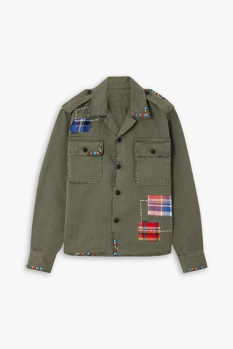 Fortela Patchwork Appliquéd Herringbone Cotton Shirt In Green