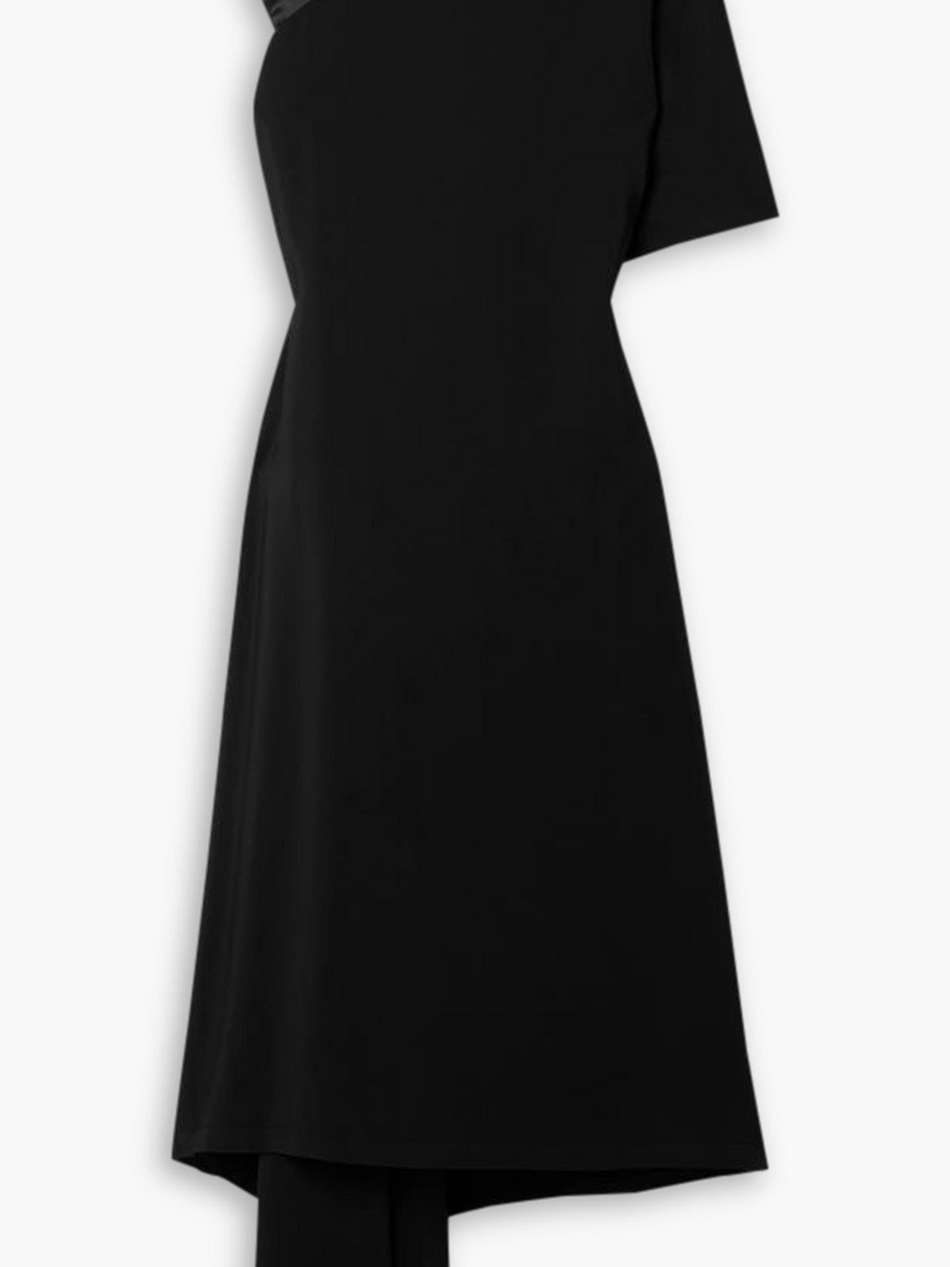 one-sleeve satin-trimmed jersey midi dress