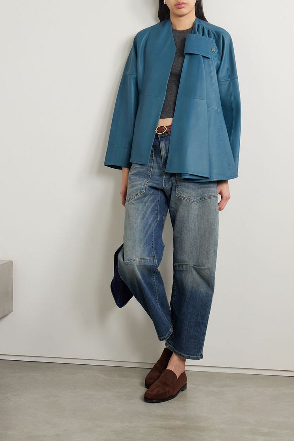 CO Asymmetric draped leather jacket