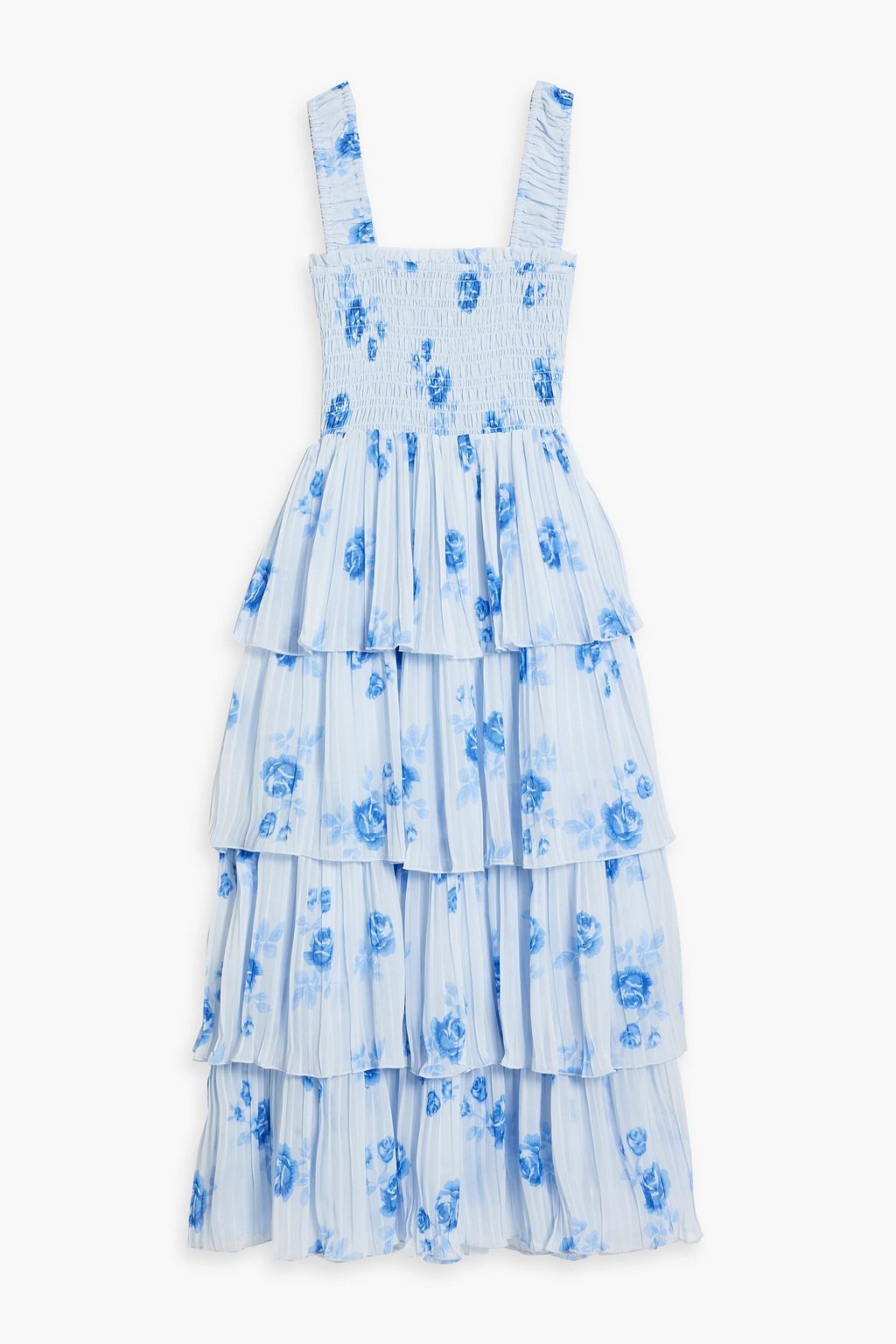 Tiered floral print crepe de chine midi dress blue DE 32