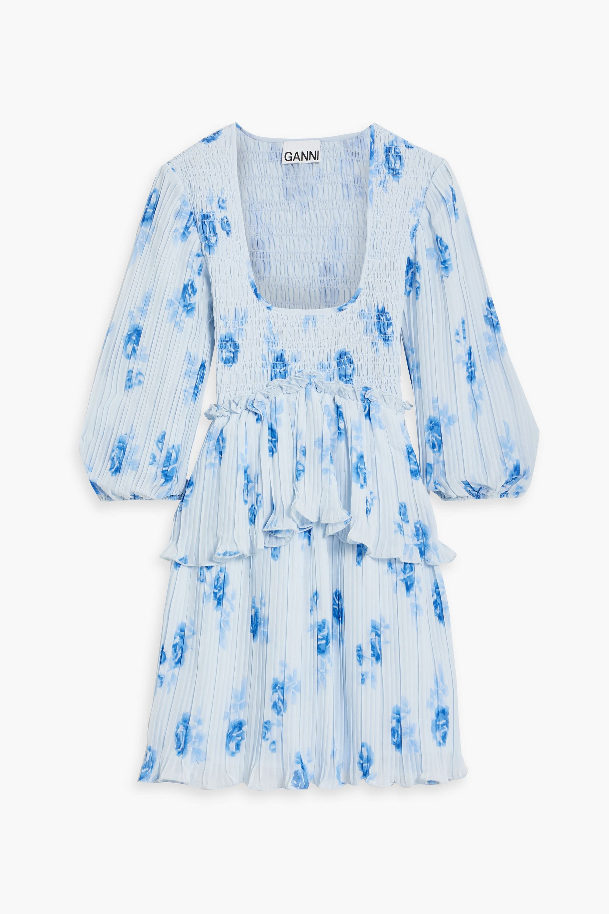 GANNI - Shirred floral-print crepe de chine mini dress | Plush