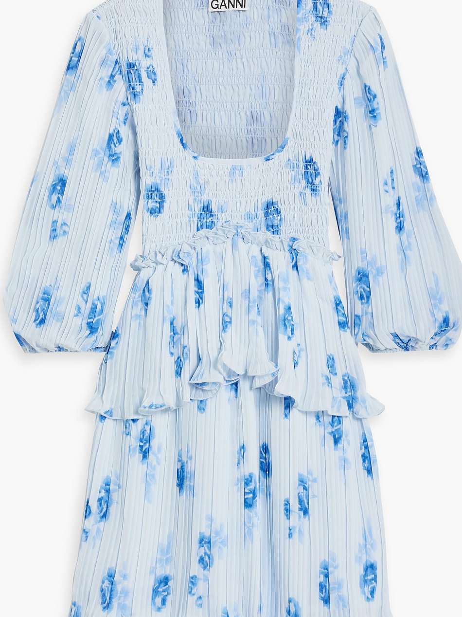 shirred floral-print crepe de chine mini dress