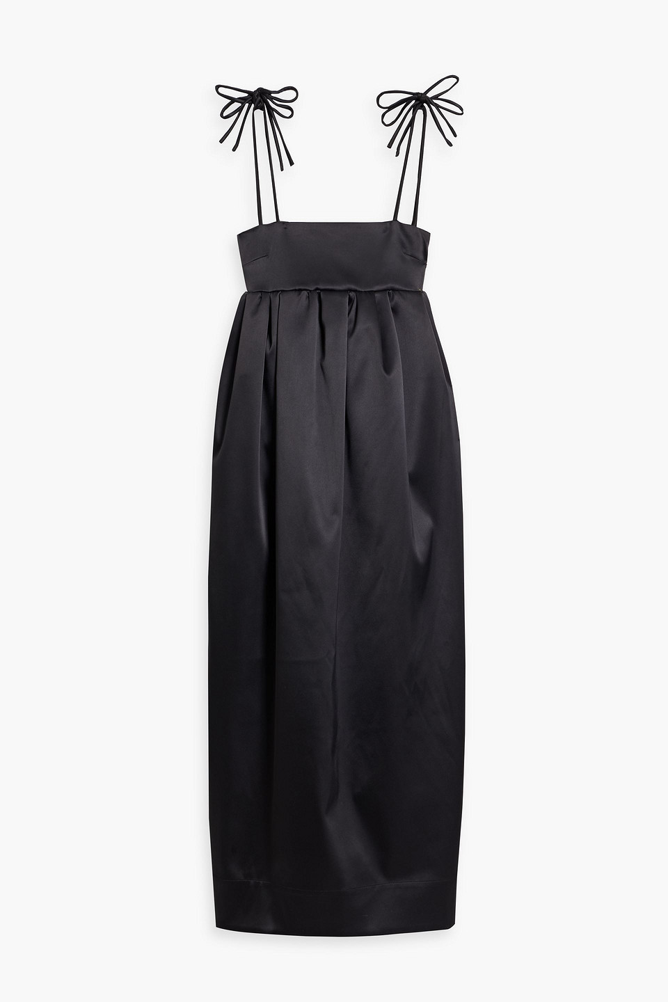 ganni - gathered satin midi dress - black - eu 34