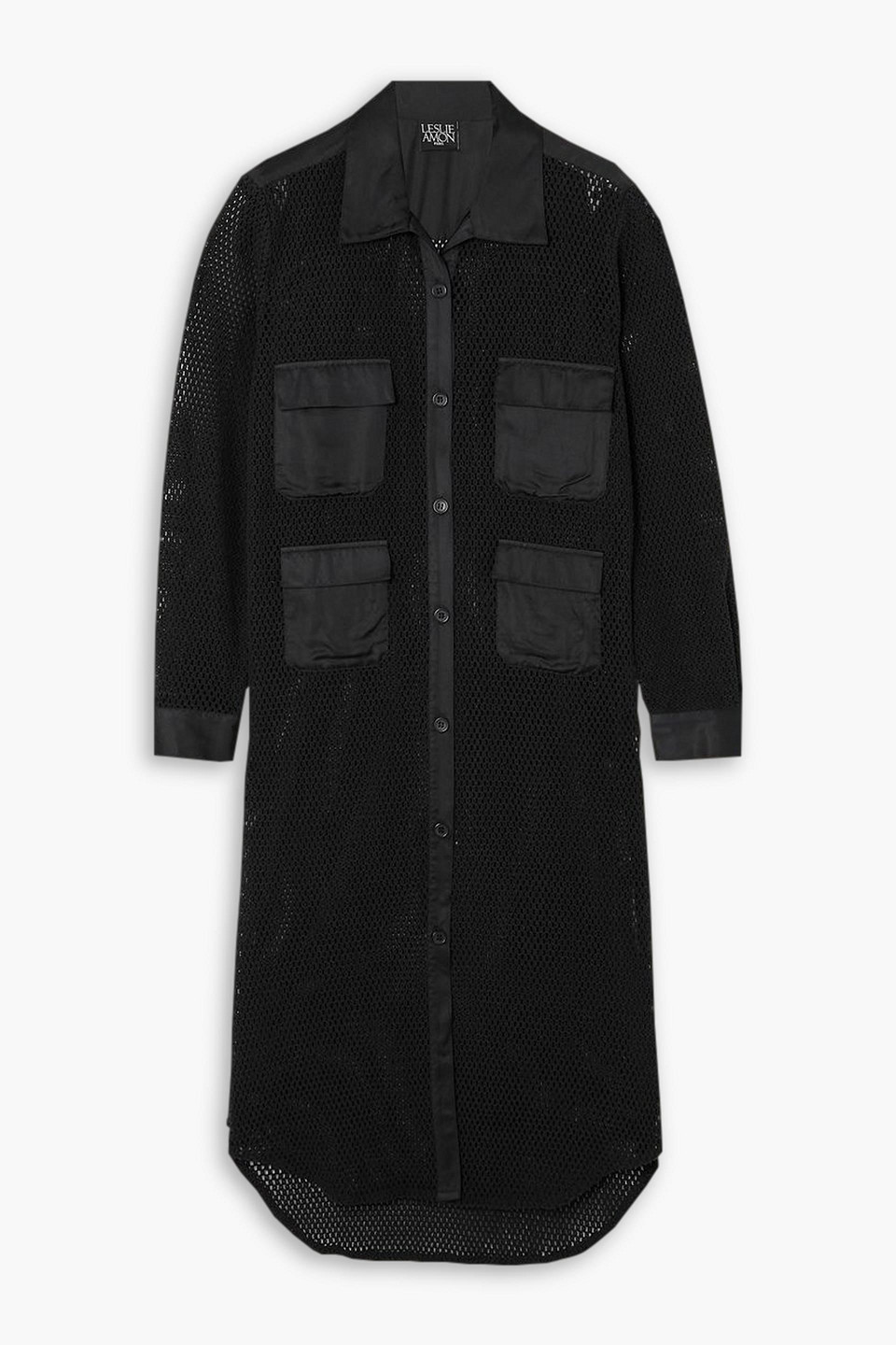 Leslie Amon Satin-trimmed Cotton-mesh Midi Shirt Dress In Black