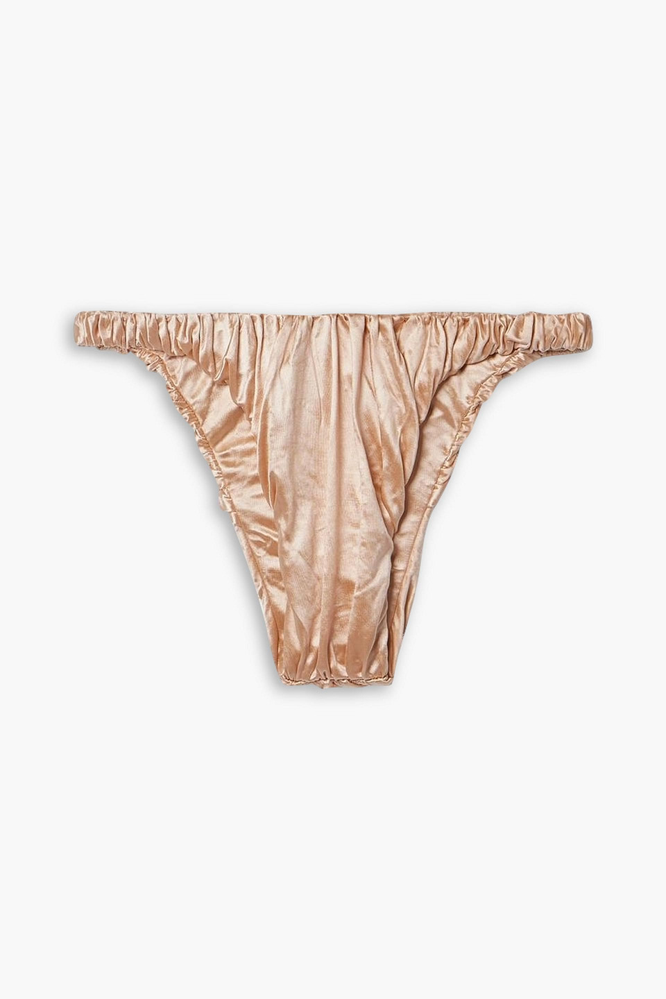 Isa Boulder Jessie Ruched Metallic Stretch-satin Bikini Briefs In Peach