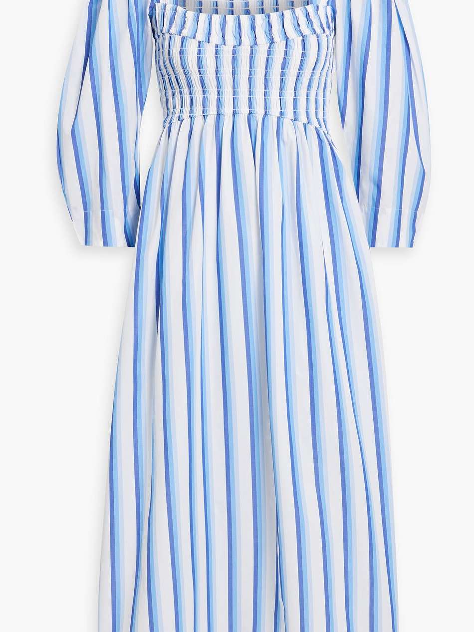 shirred striped cotton-poplin midi dress