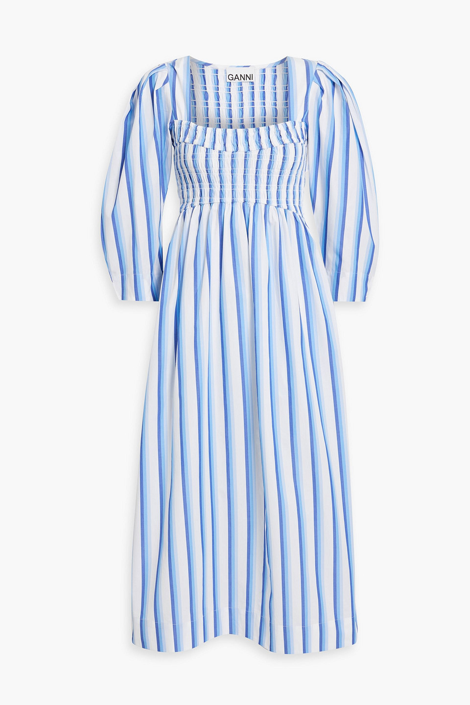 GANNI - Shirred striped cotton-poplin midi dress - Blue - DE 36
