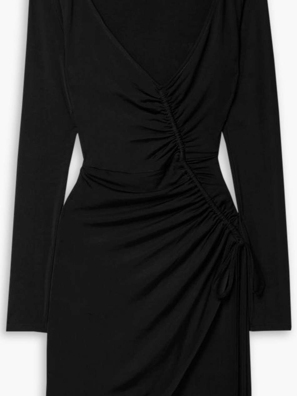 summer solstice wrap-effect ruched stretch-jersey mini dress