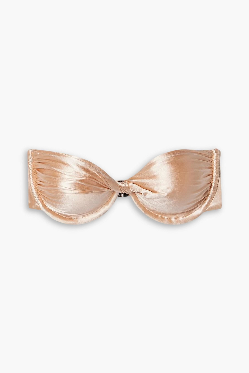 Isa Boulder Twist-front Ruched Stretch-satin Underwired Bandeau Bikini Top In Peach