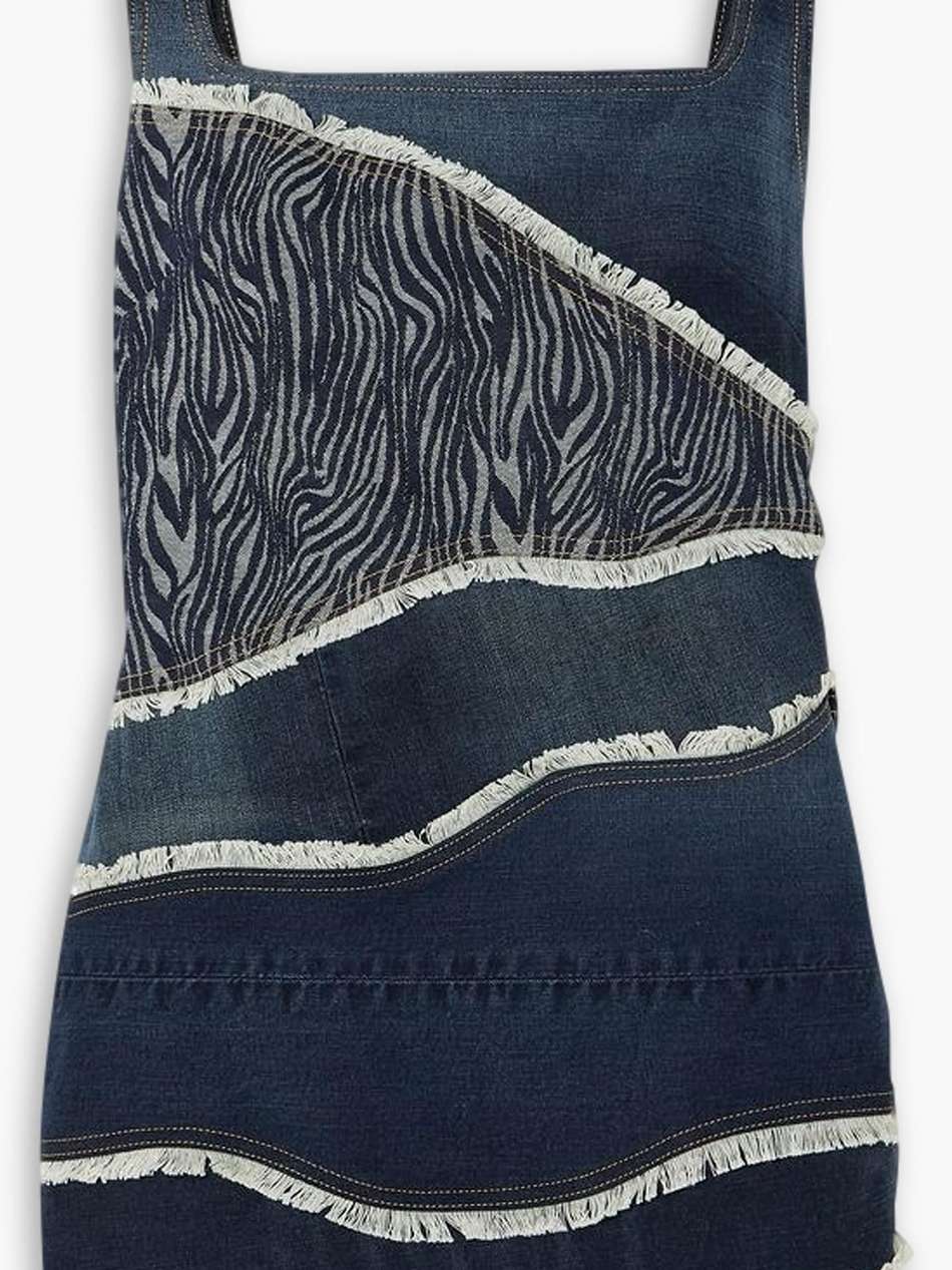 frayed patchwork denim and denim-jacquard mini dress