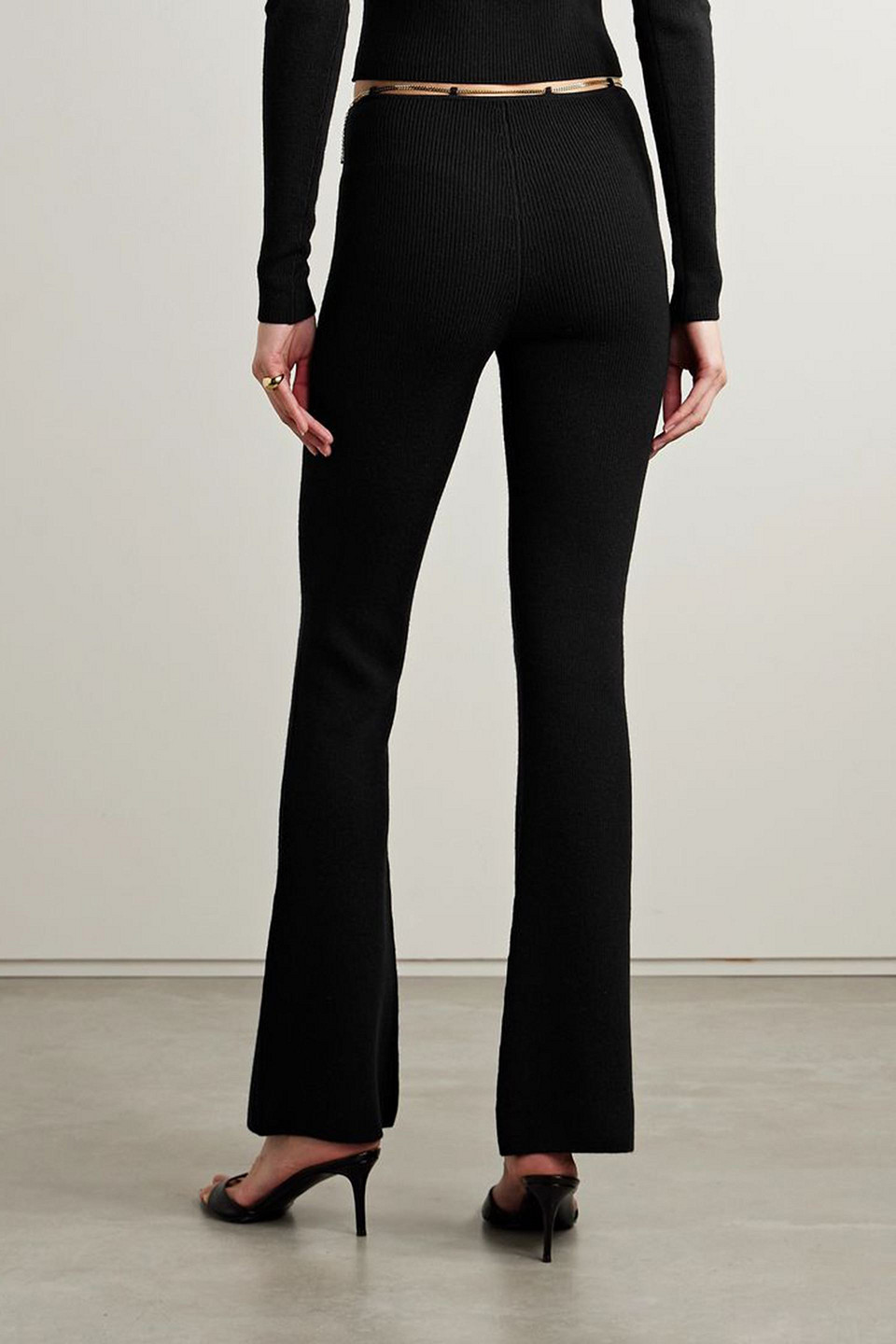 Alexander Wang Chain-embellished Ribbed Wool-blend Flared Pants In Black