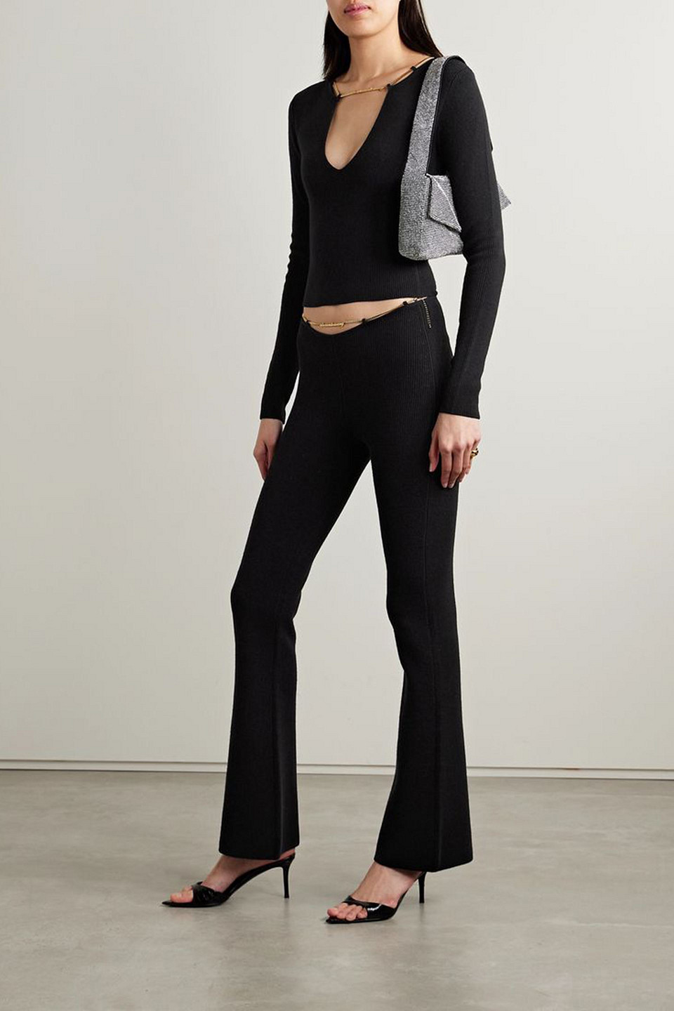 Alexander Wang Chain-embellished Ribbed Wool-blend Flared Pants In Black