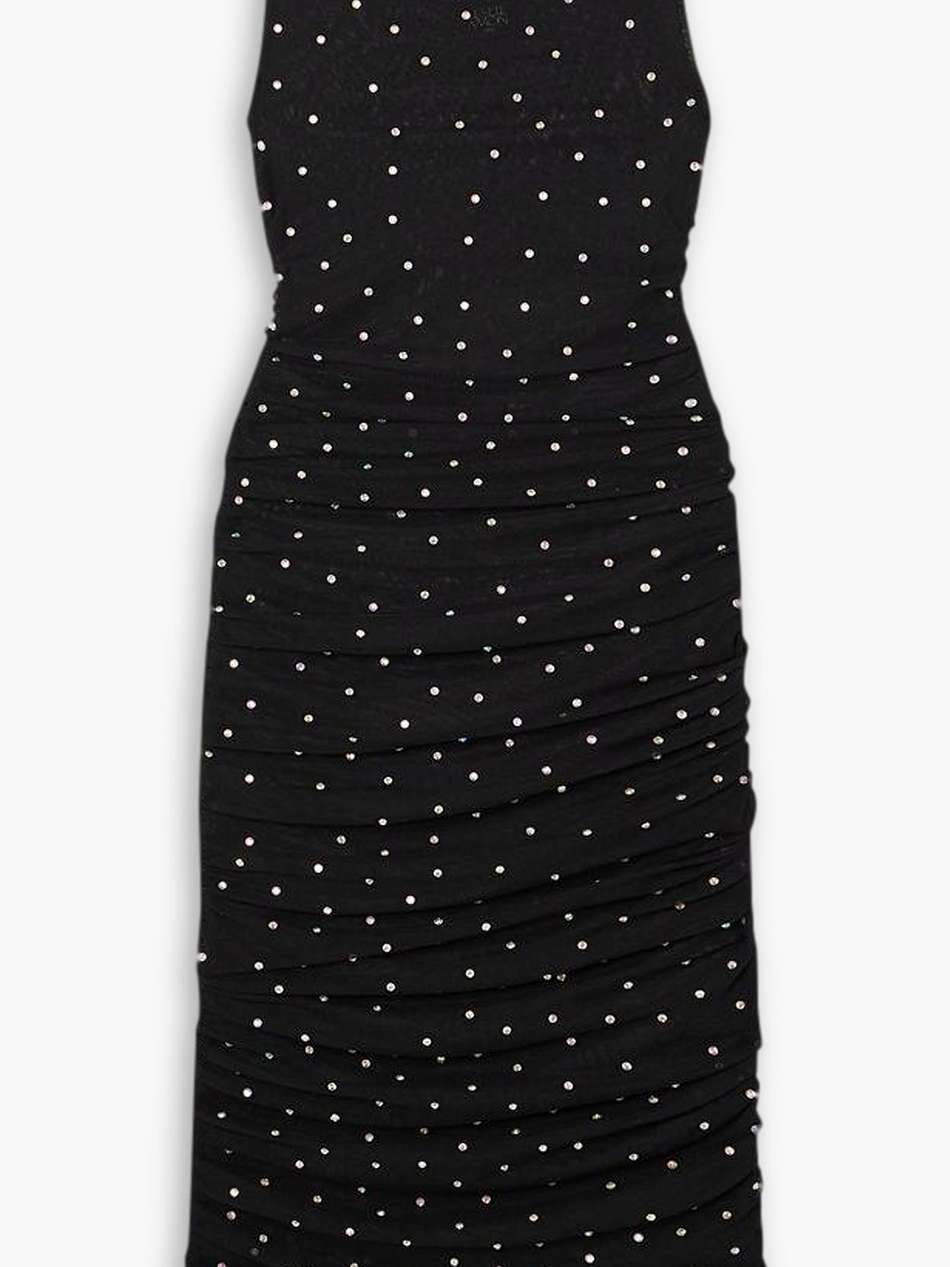 ruched crystal-embellished mesh midi dress
